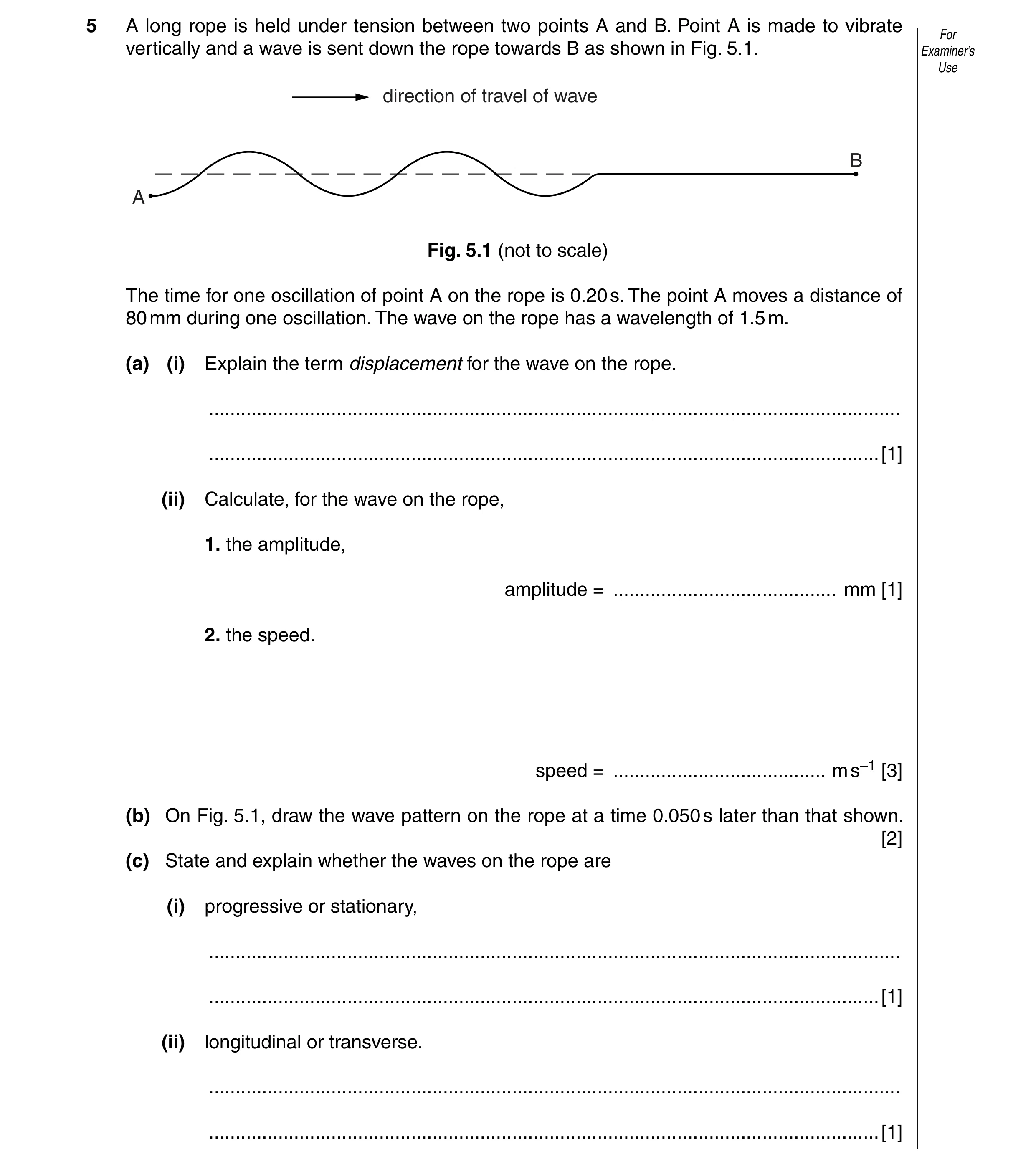 Question 5: A long rope is held under tension between two points A and B. Point A is made to vibrate For vertically and a wave is sent down the rope to…