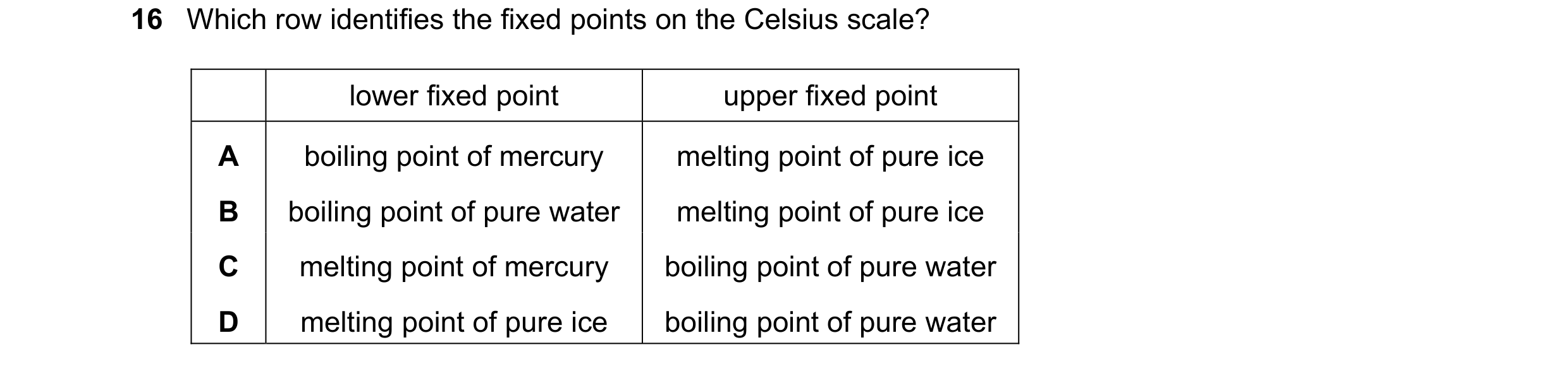 Question 144: Which row identifies the fixed points on the Celsius scale? lower fixed point upper fixed point A boiling point of mercury melting point of…