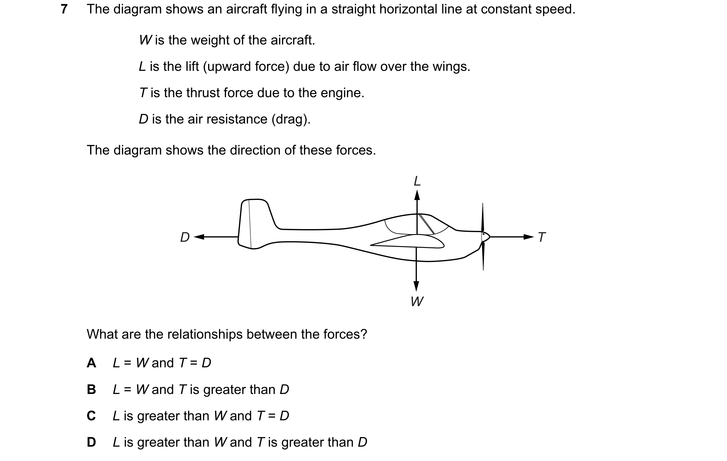 Question 158: The diagram shows an aircraft flying in a straight horizontal line at constant speed. W is the weight of the aircraft. L is the lift (upwar…
