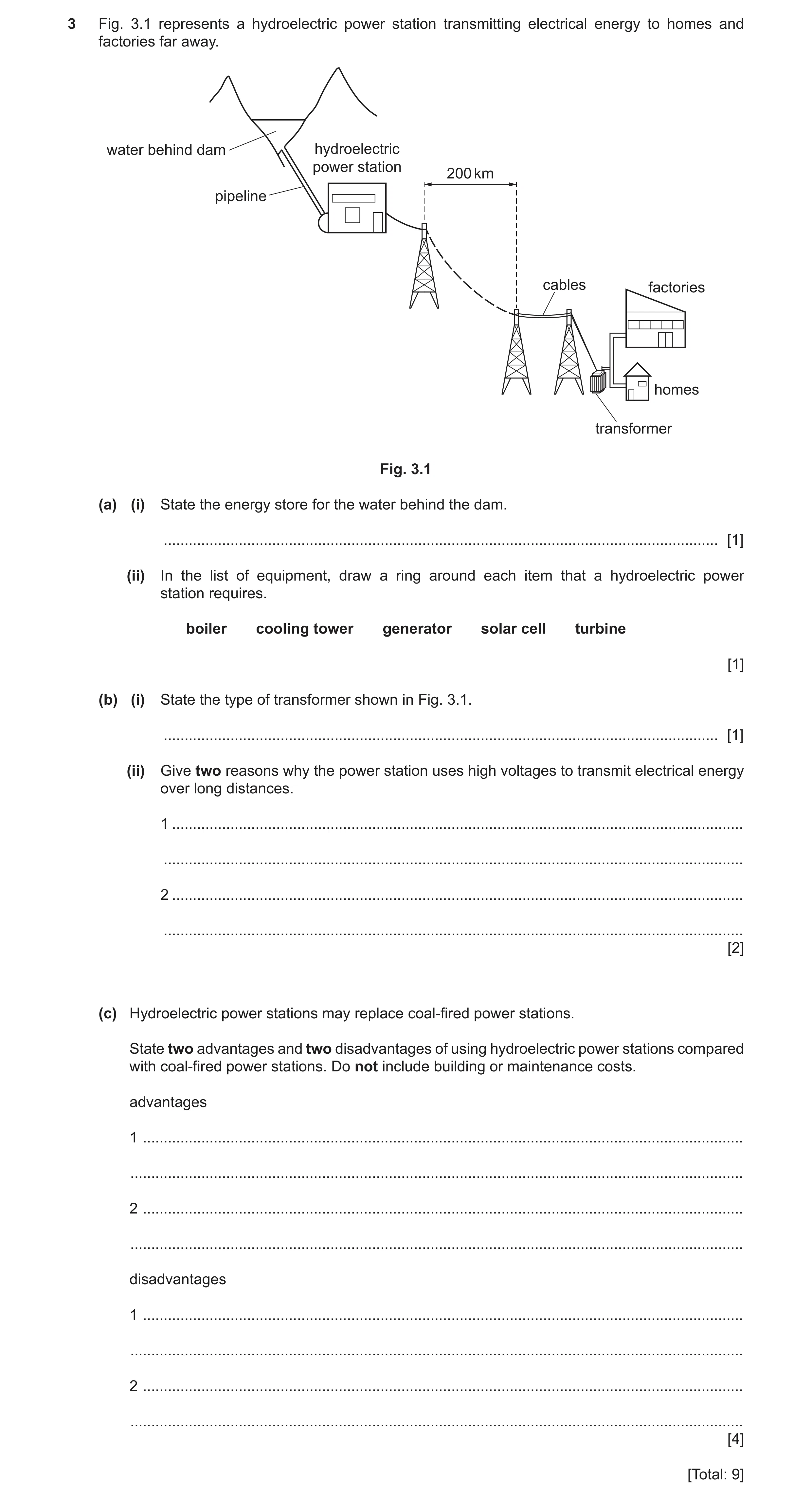 Question 131: Fig. 3.1 represents a hydroelectric power station transmitting electrical energy to homes and factories far away. water behind dam hydroele…