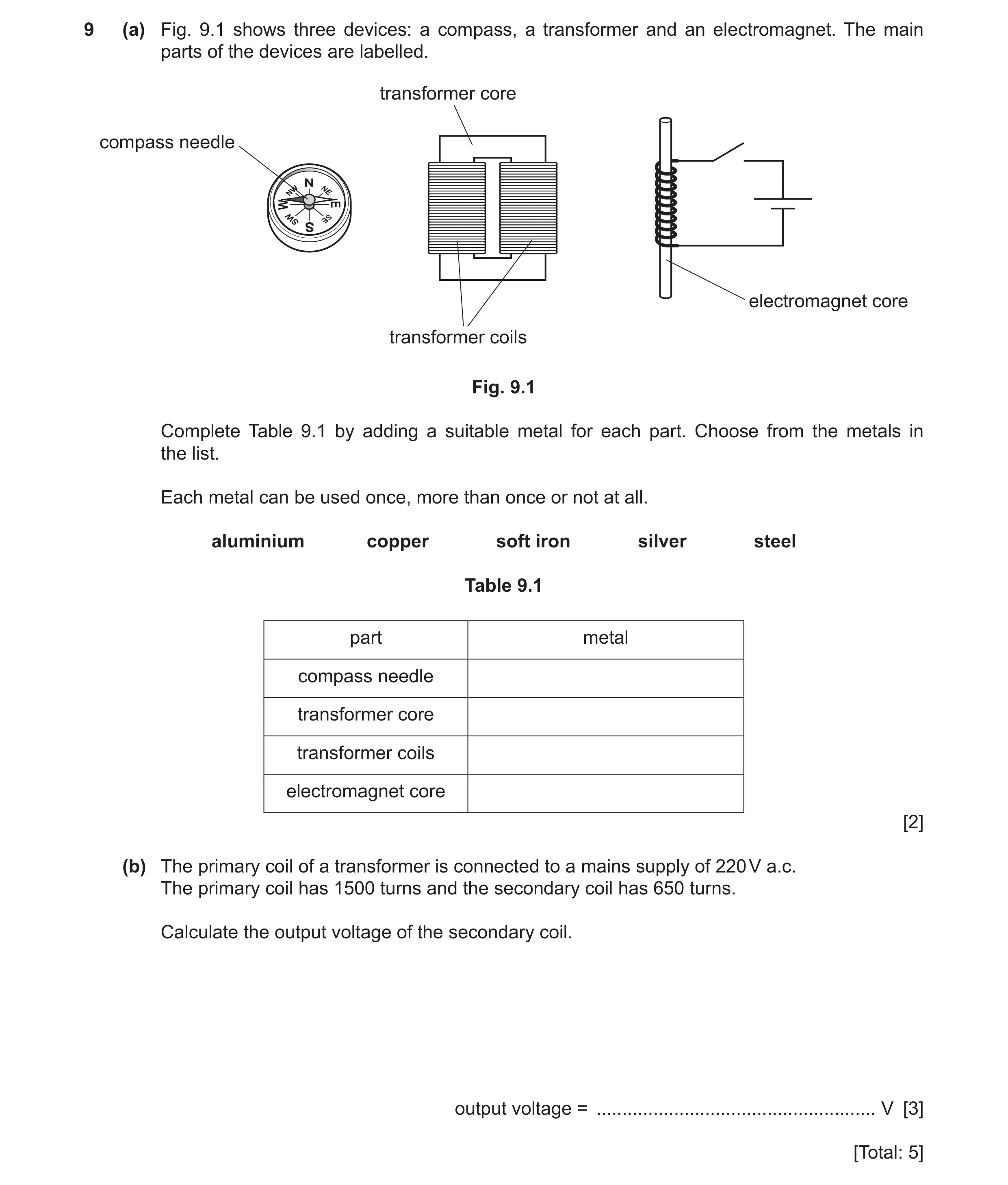 Question 37: (a) Fig. 9.1 shows three devices: a compass, a transformer and an electromagnet. The main parts of the devices are labelled. transformer co…