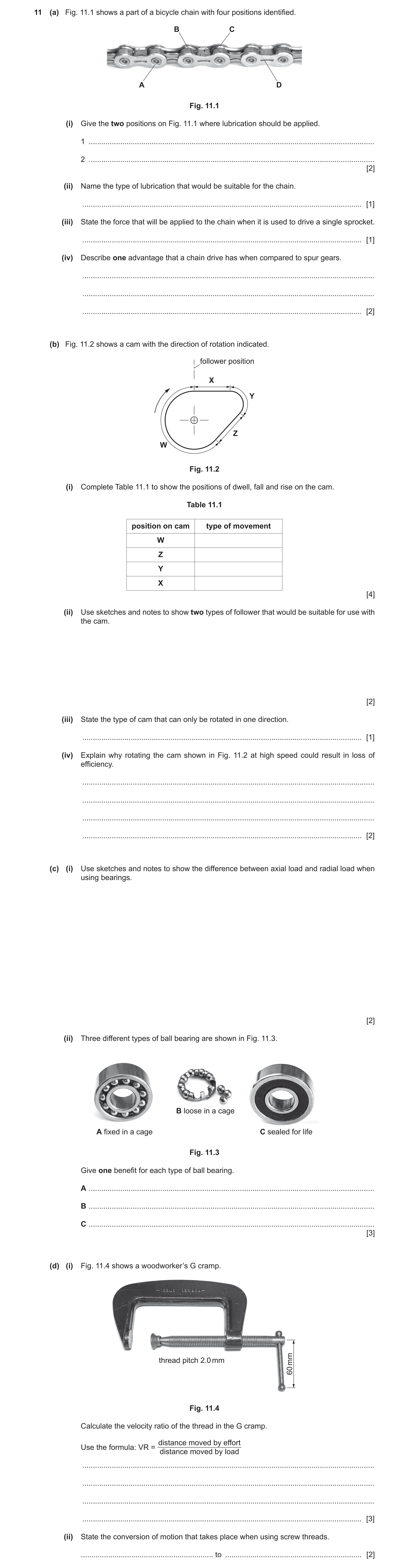Question 119: (a) Fig. 11.1 shows a part of a bicycle chain with four positions identified. B C A D Fig. 11.1 (i) Give the two positions on Fig. 11.1 whe…