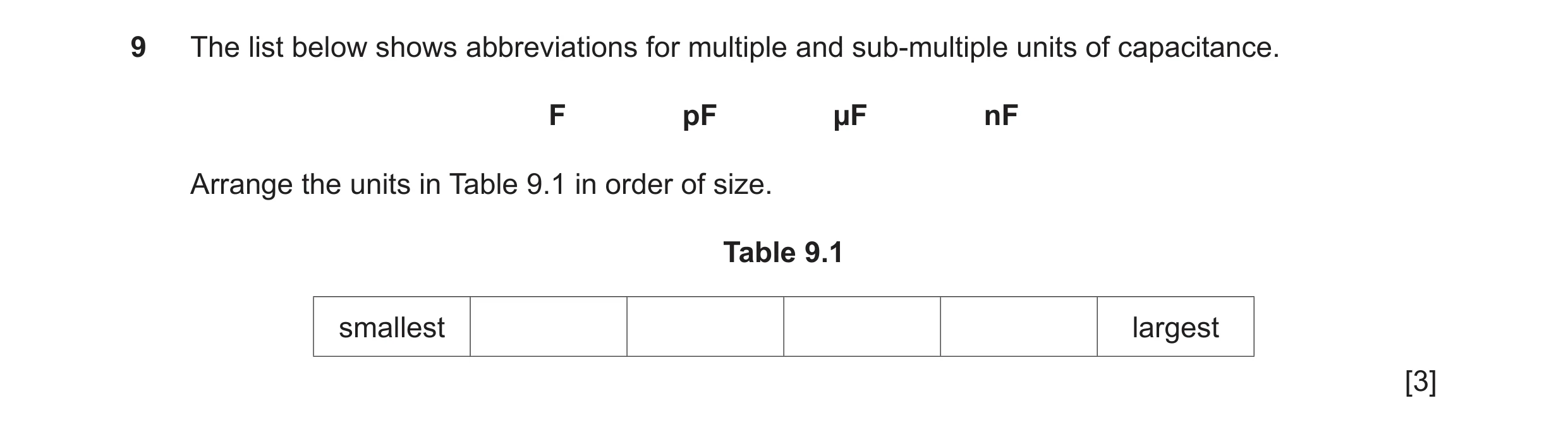 Question 123: The list below shows abbreviations for multiple and sub-multiple units of capacitance. F pF µF nF Arrange the units in Table 9.1 in order o…