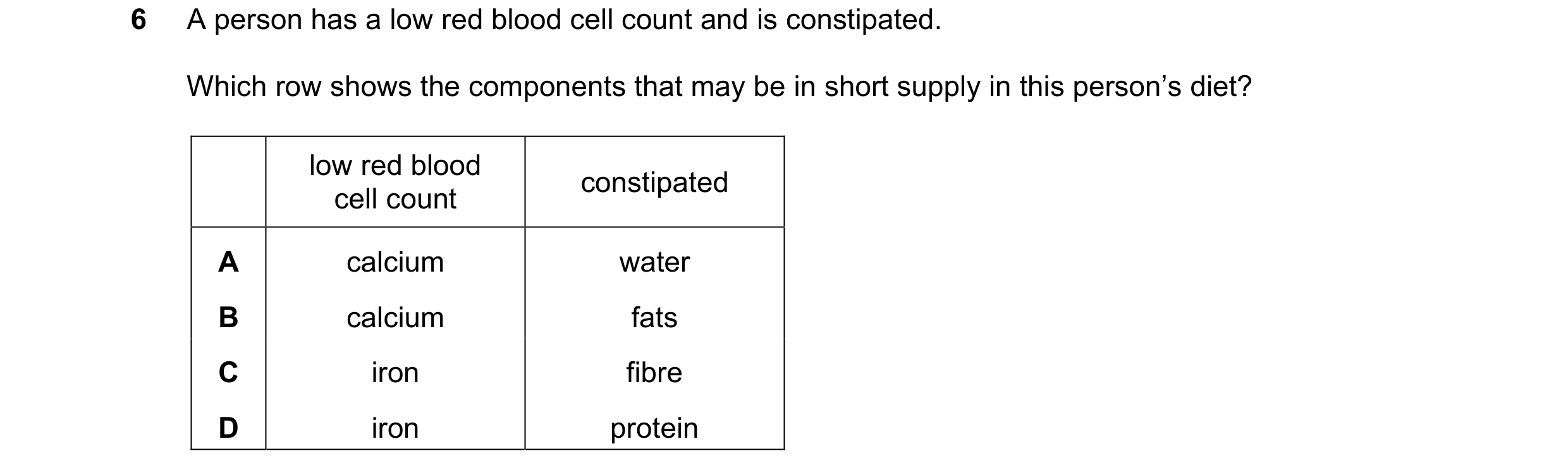 Question 29: A person has a low red blood cell count and is constipated. Which row shows the components that may be in short supply in this person’s die…