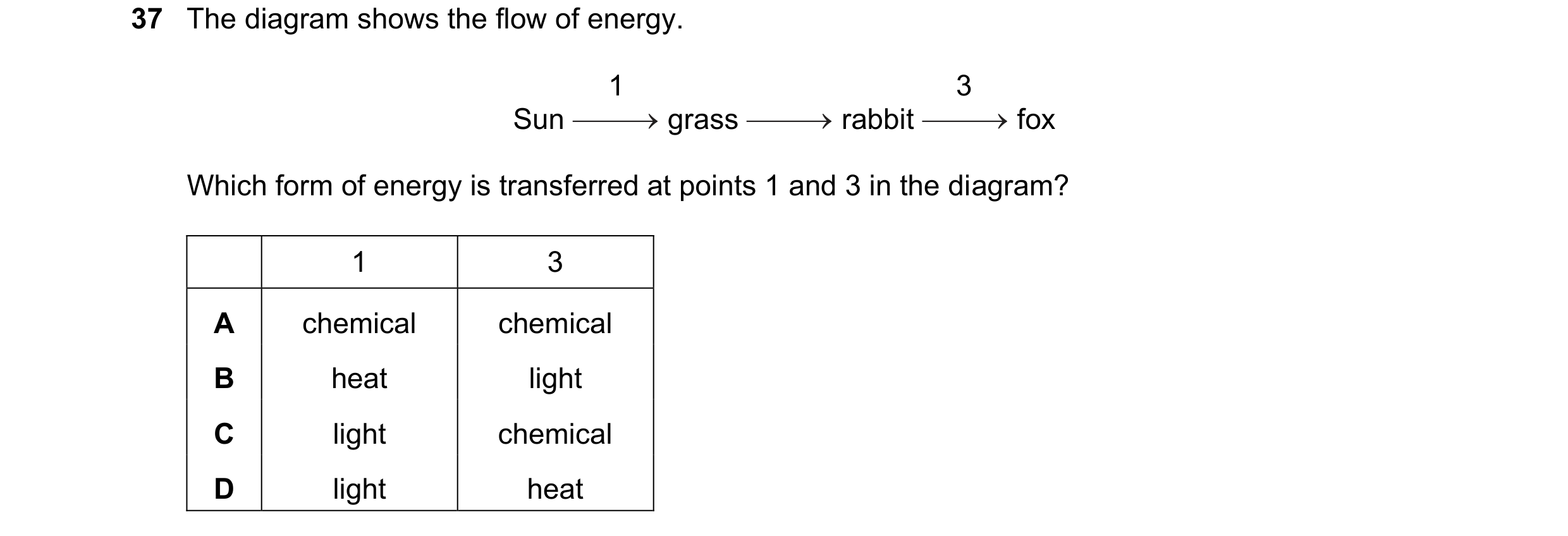 Question 7: The diagram shows the flow of energy. 1 3 Sun grass rabbit fox Which form of energy is transferred at points 1 and 3 in the diagram? 1 3 A …