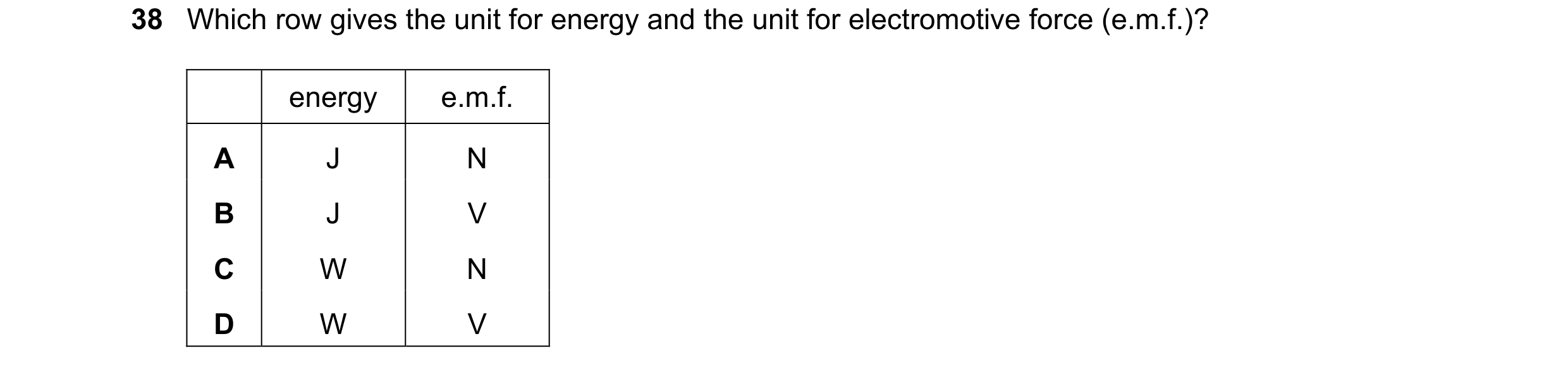 Question 41: Which row gives the unit for energy and the unit for electromotive force (e.m.f.)? energy e.m.f. A J N B J V C W N D W V