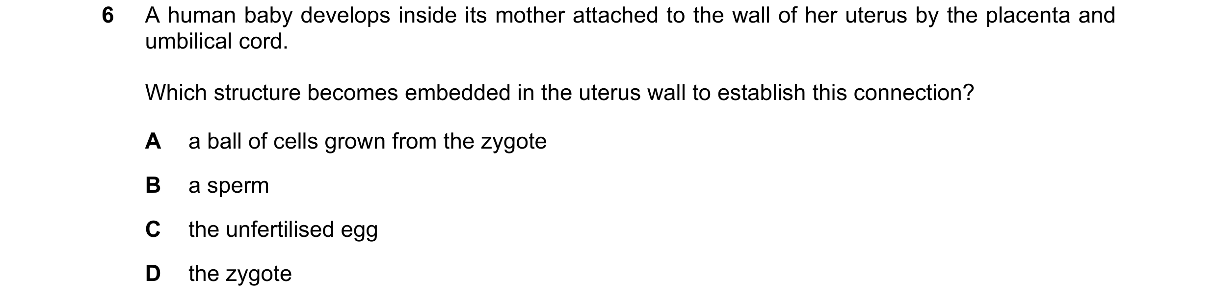 Question 45: A human baby develops inside its mother attached to the wall of her uterus by the placenta and umbilical cord. Which structure becomes embe…