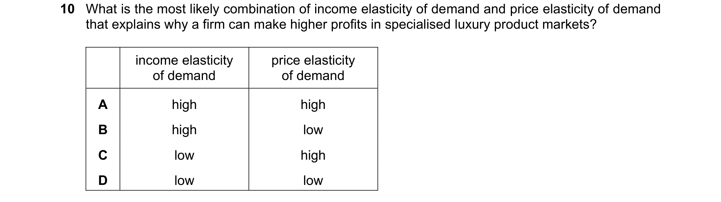 Question 27: What is the most likely combination of income elasticity of demand and price elasticity of demand that explains why a firm can make higher …