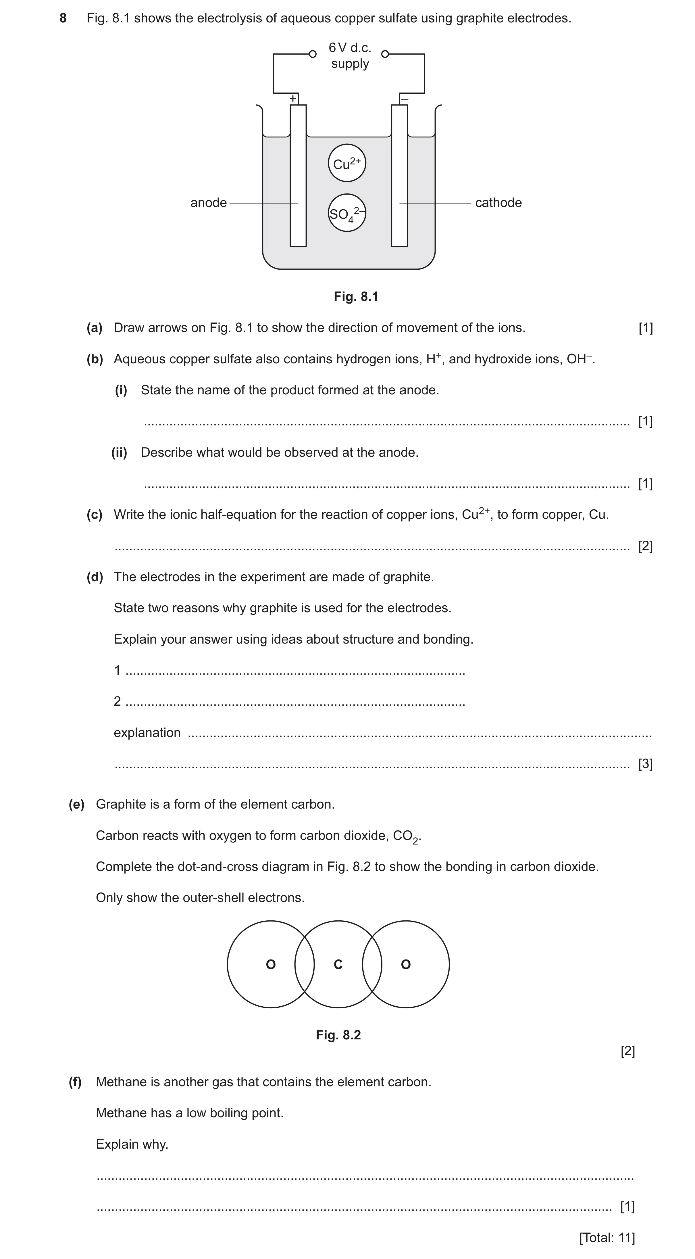 Question 21: Fig. 8.1 shows the electrolysis of aqueous copper sulfate using graphite electrodes. 6 V d.c. supply + – Cu2+ anode cathode SO42– Fig. 8.1 …