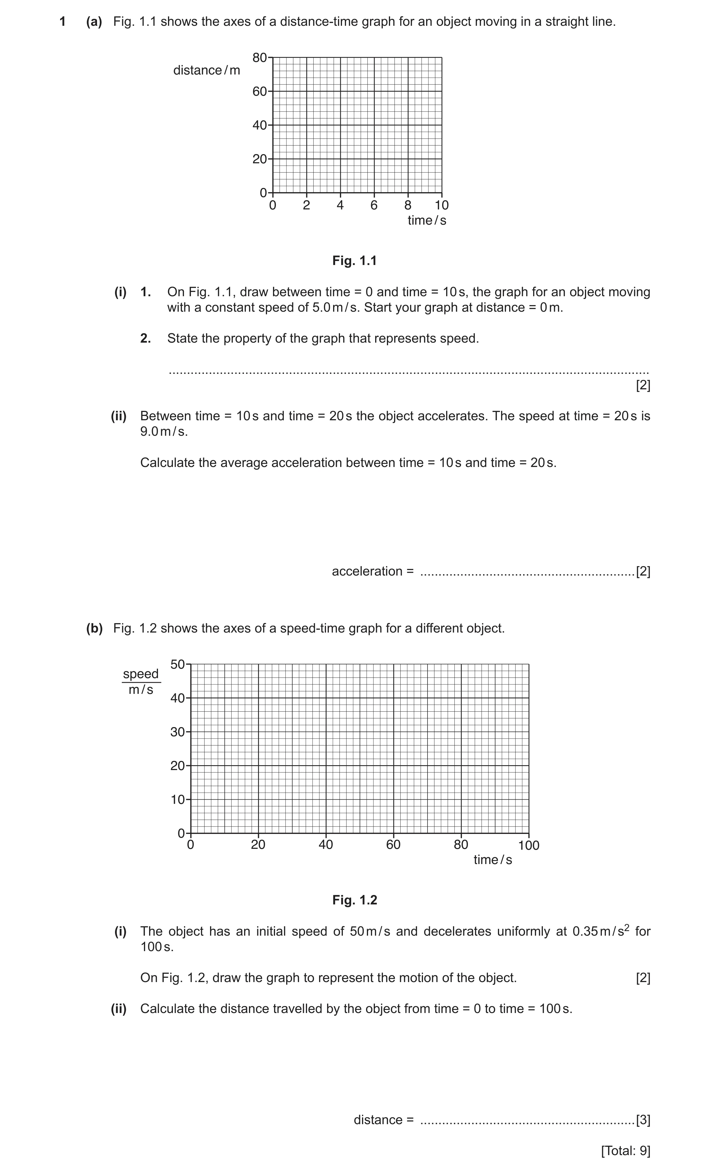 Question 8: (a) Fig. 1.1 shows the axes of a distance-time graph for an object moving in a straight line. 80 distance / m 60 40 20 0 0 2 4 6 8 10 time …
