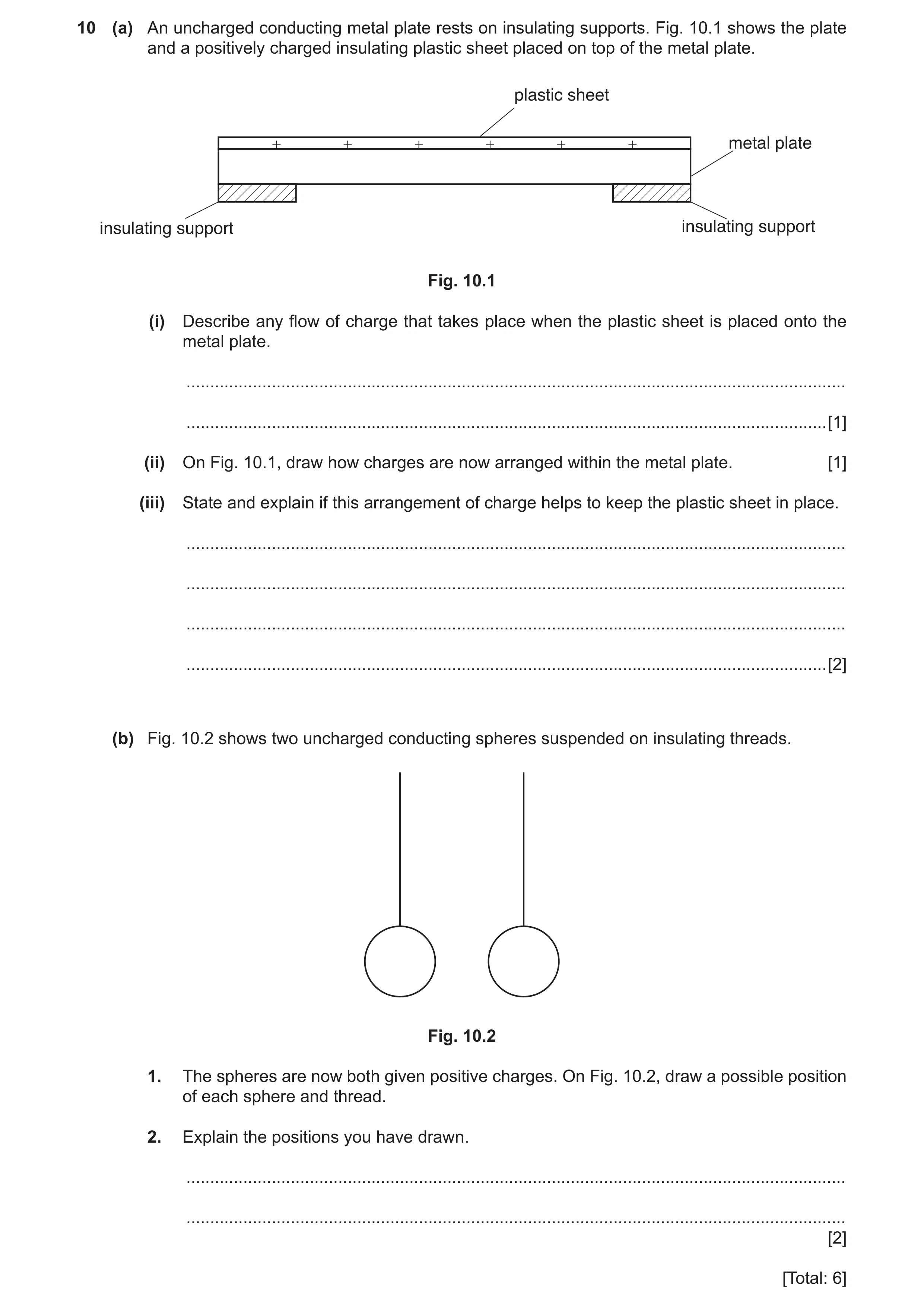 Question 5: (a) An uncharged conducting metal plate rests on insulating supports. Fig. 10.1 shows the plate and a positively charged insulating plastic…