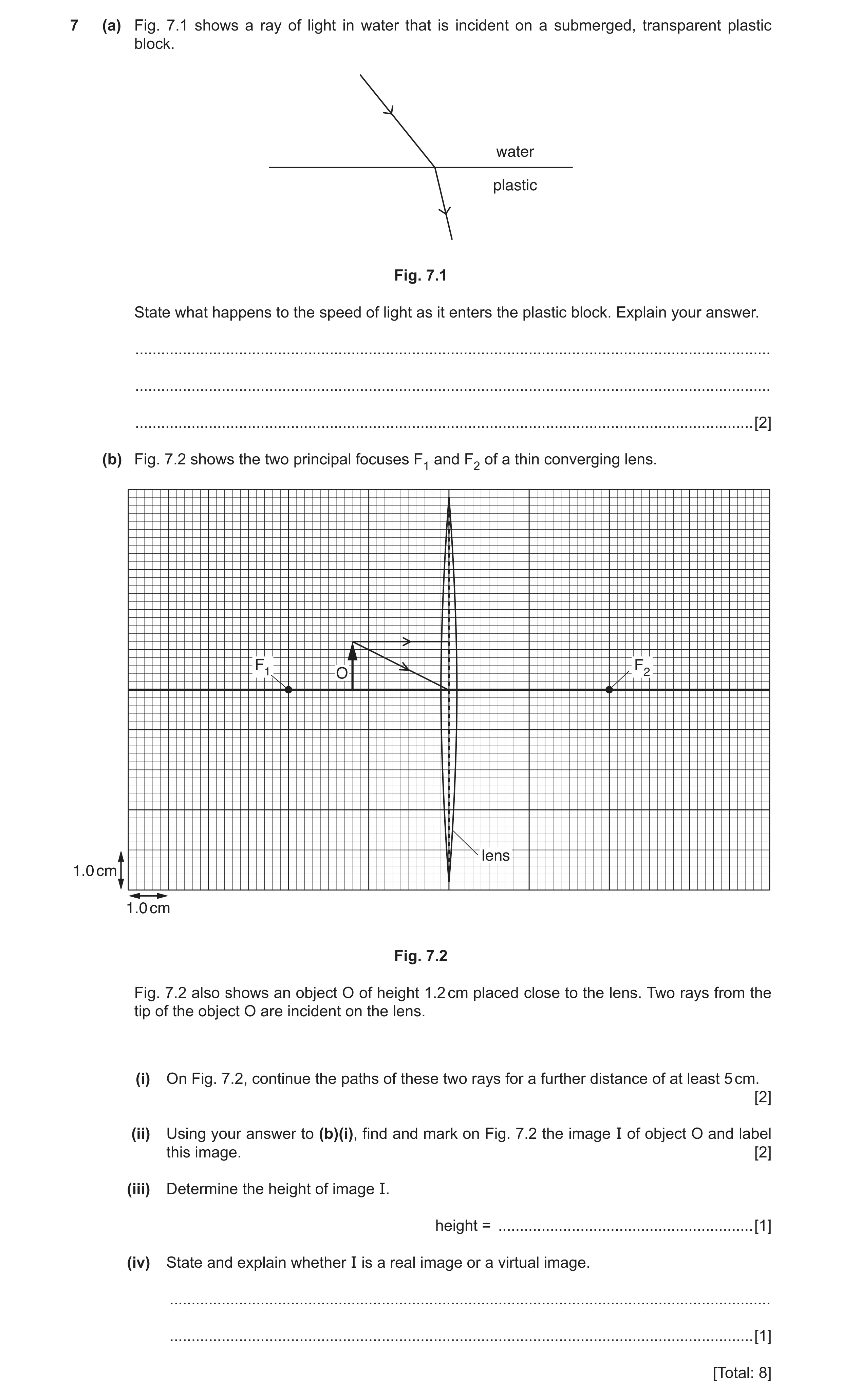 Question 9: (a) Fig. 7.1 shows a ray of light in water that is incident on a submerged, transparent plastic block. water plastic Fig. 7.1 State what ha…