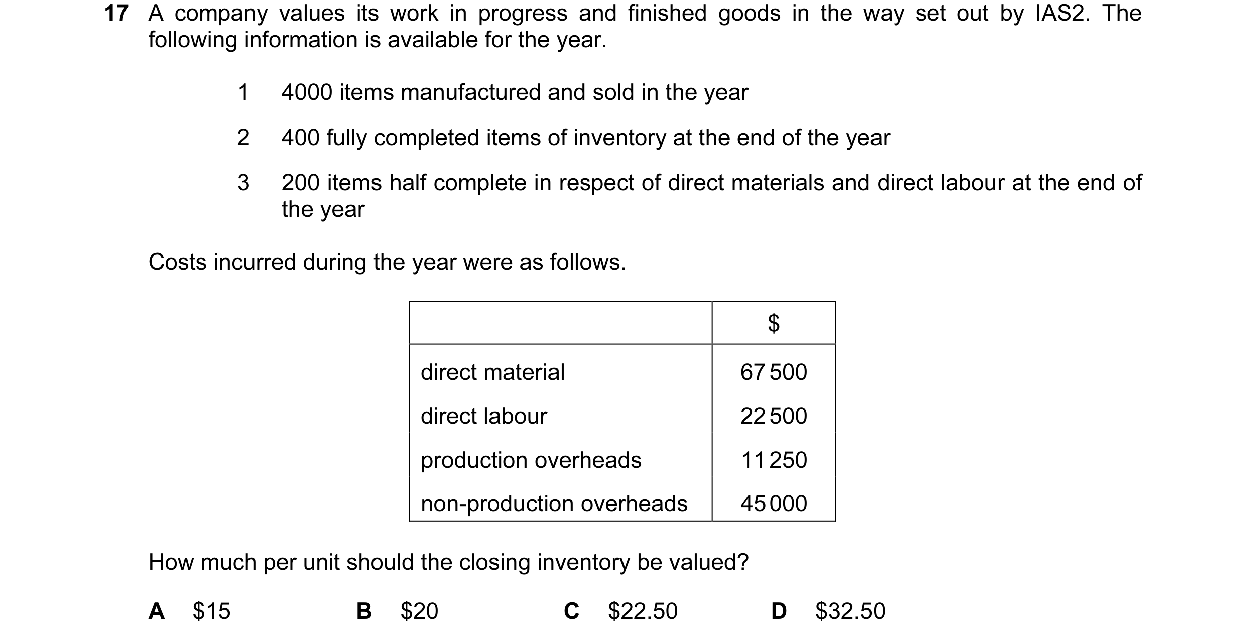 Question 44: A company values its work in progress and finished goods in the way set out by IAS2. The following information is available for the year. 1…