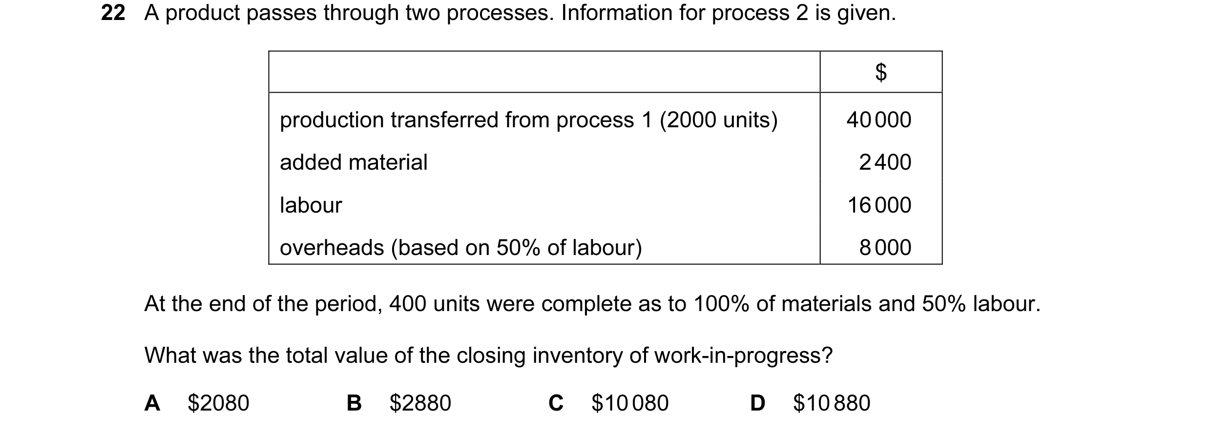Question 47: A product passes through two processes. Information for process 2 is given. $ production transferred from process 1 (2000 units) 40 000 add…