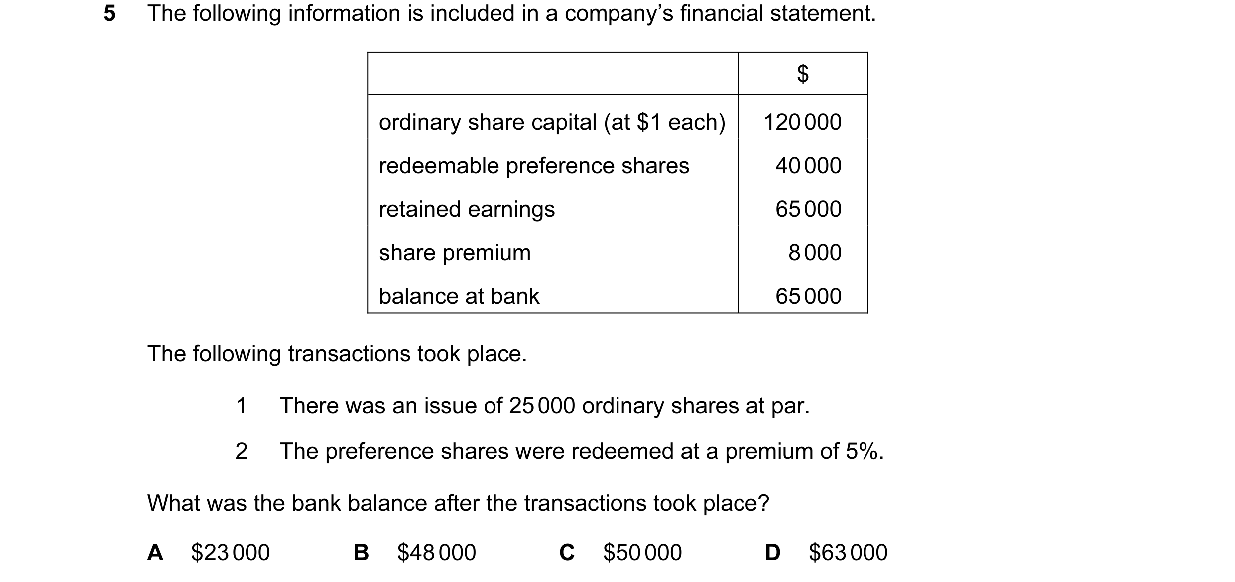 Question 35: The following information is included in a company’s financial statement. $ ordinary share capital (at $1 each) 120 000 redeemable preferen…