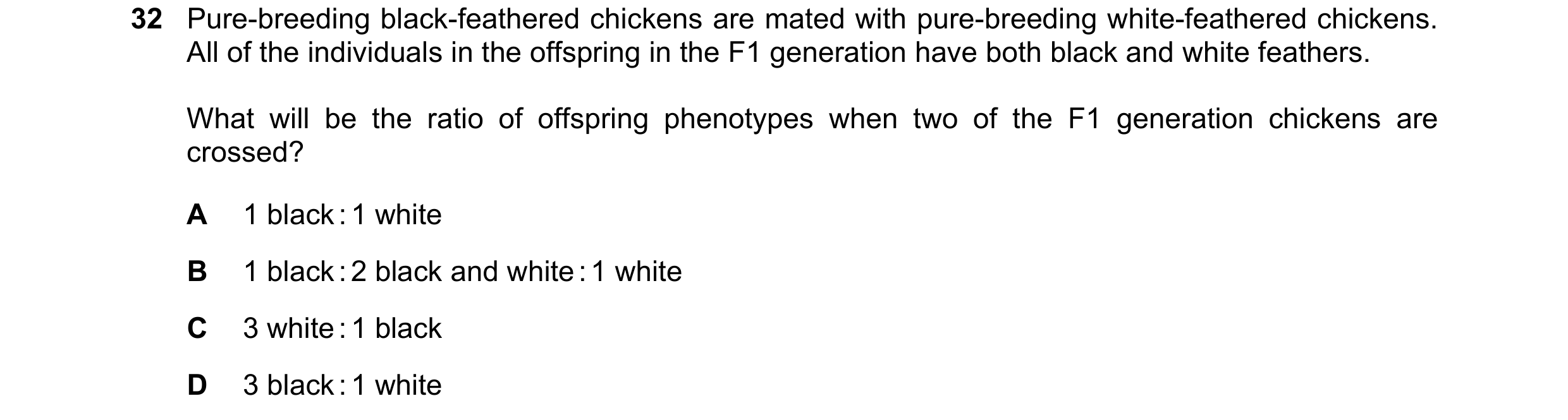 Question 3: Pure-breeding black-feathered chickens are mated with pure-breeding white-feathered chickens. All of the individuals in the offspring in th…