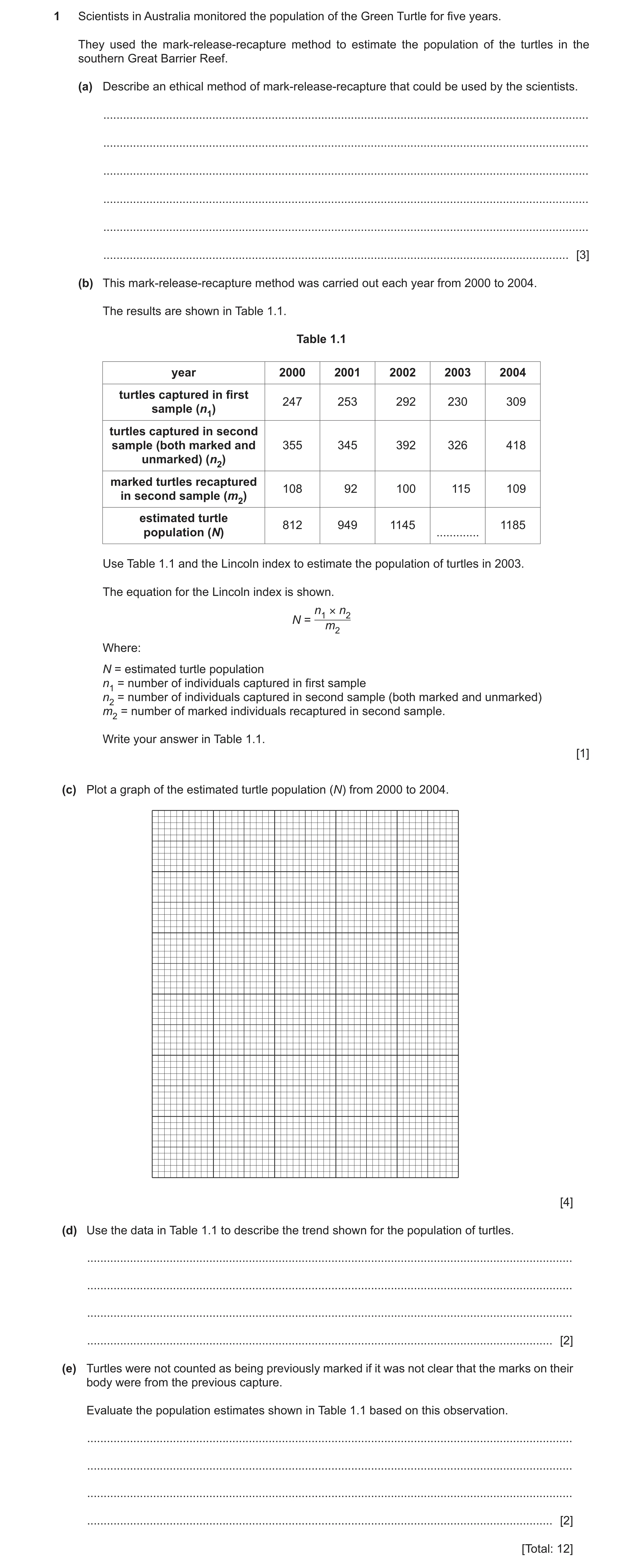 Question 56: Scientists in Australia monitored the population of the Green Turtle for five years. They used the mark-release-recapture method to estimat…