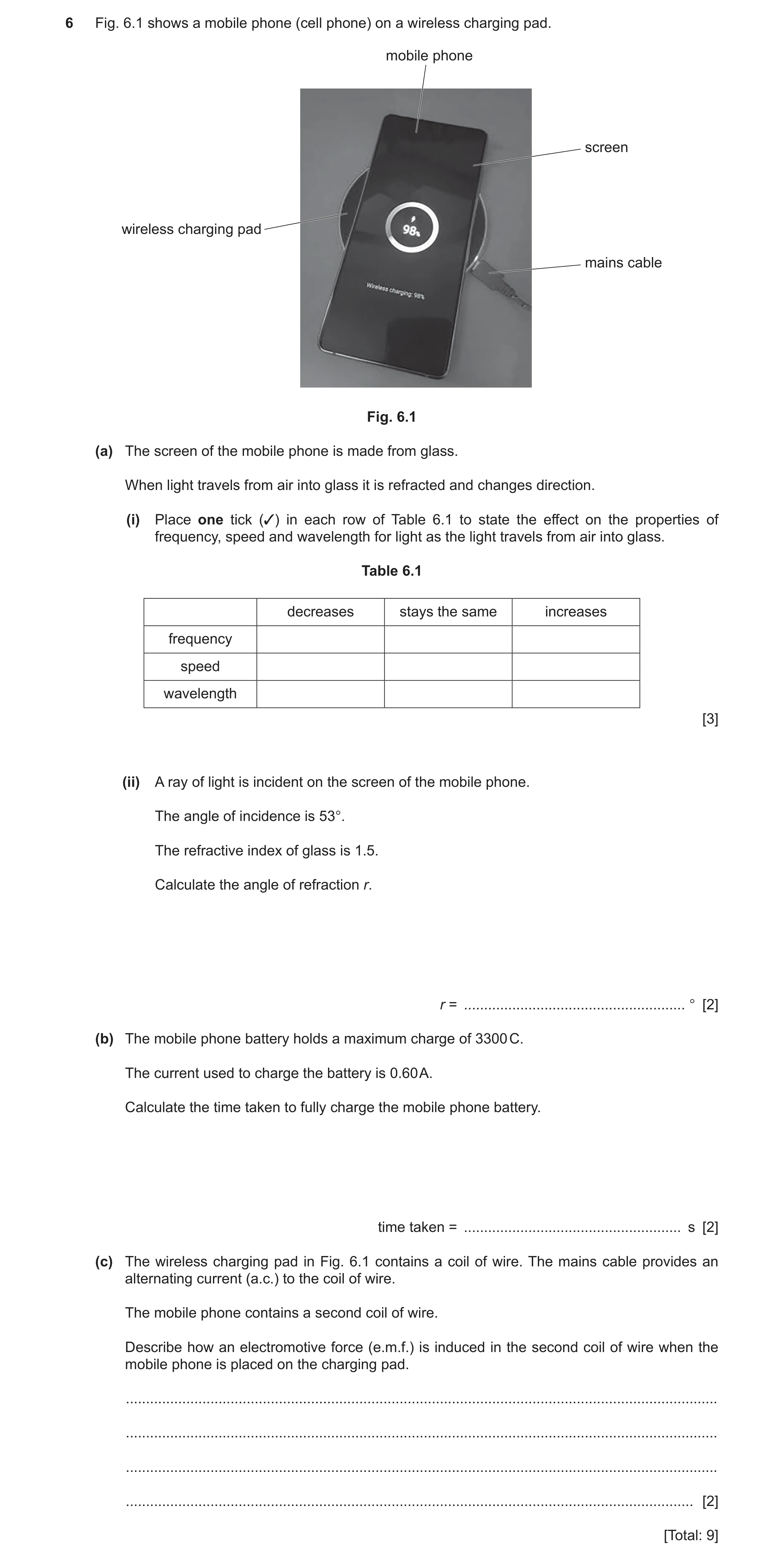 Question 32: Fig. 6.1 shows a mobile phone (cell phone) on a wireless charging pad. mobile phone screen wireless charging pad mains cable Fig. 6.1 (a) T…