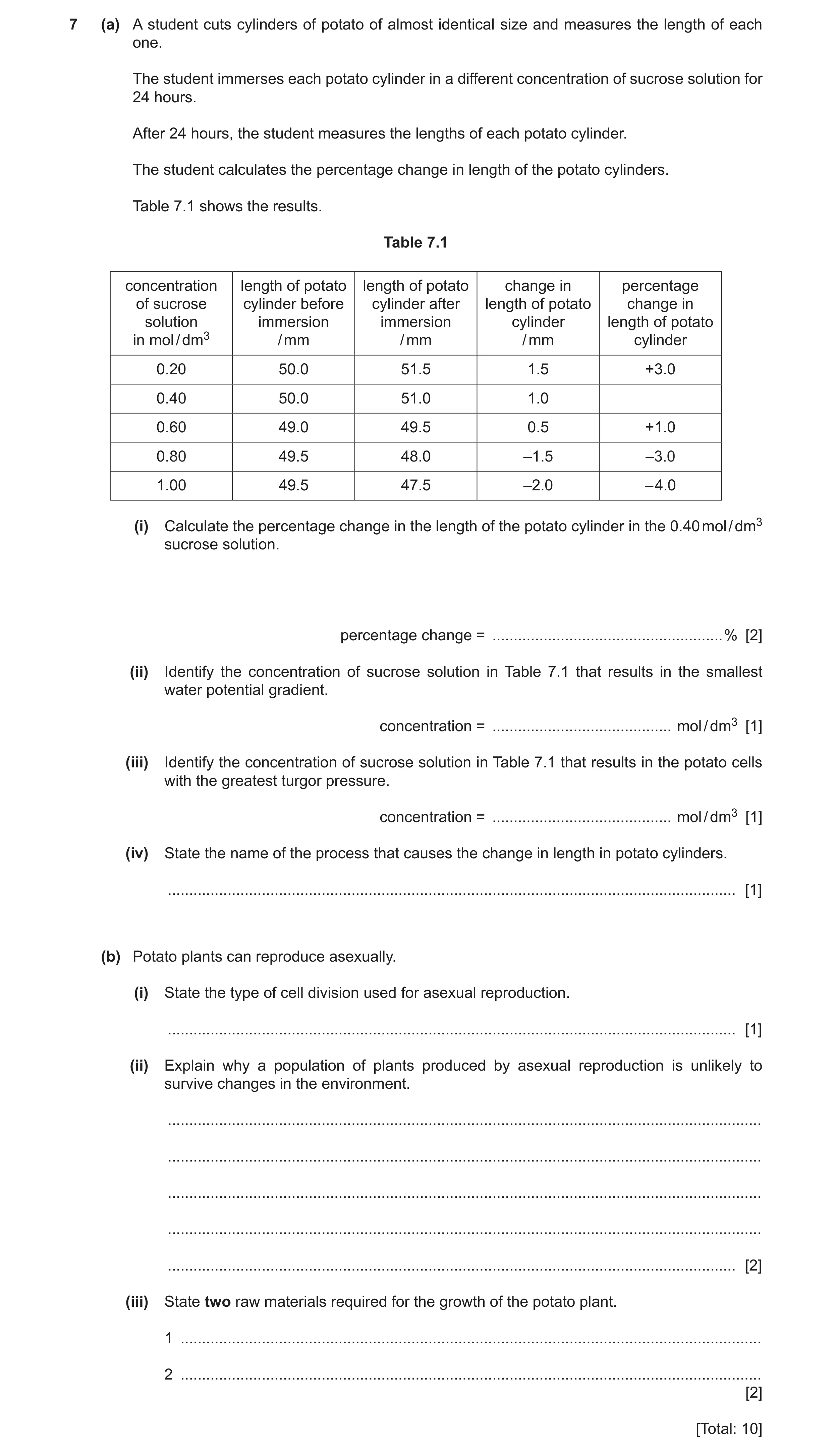 Question 11: (a) A student cuts cylinders of potato of almost identical size and measures the length of each one. The student immerses each potato cylin…