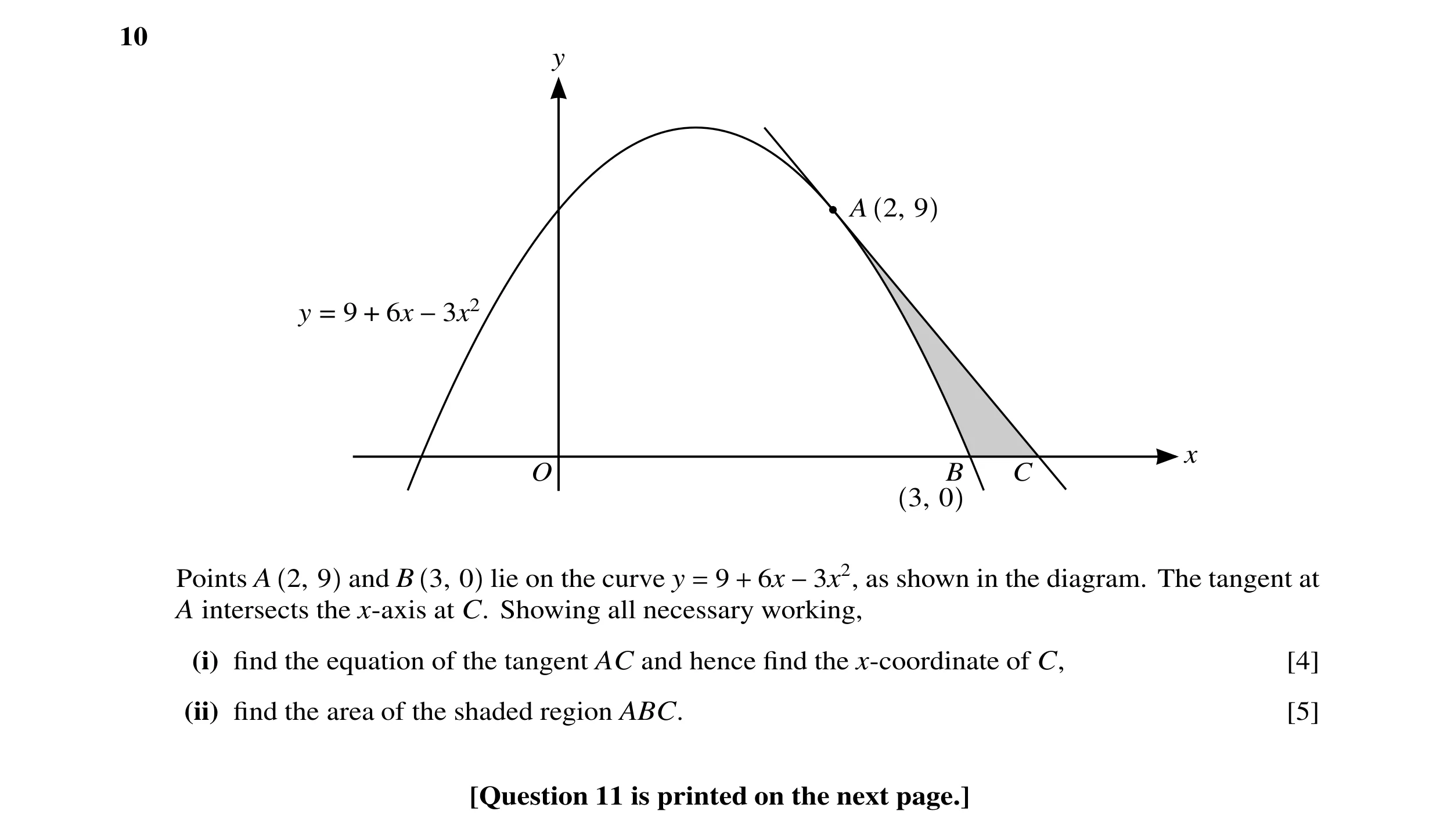 Question 35: y A 2, 9 y = 9 + 6x −3x2 x O B C 3, 0 Points A 2, 9 and B 3, 0 lie on the curve y = 9 + 6x −3x2, as shown in the diagram. The tangent at A …