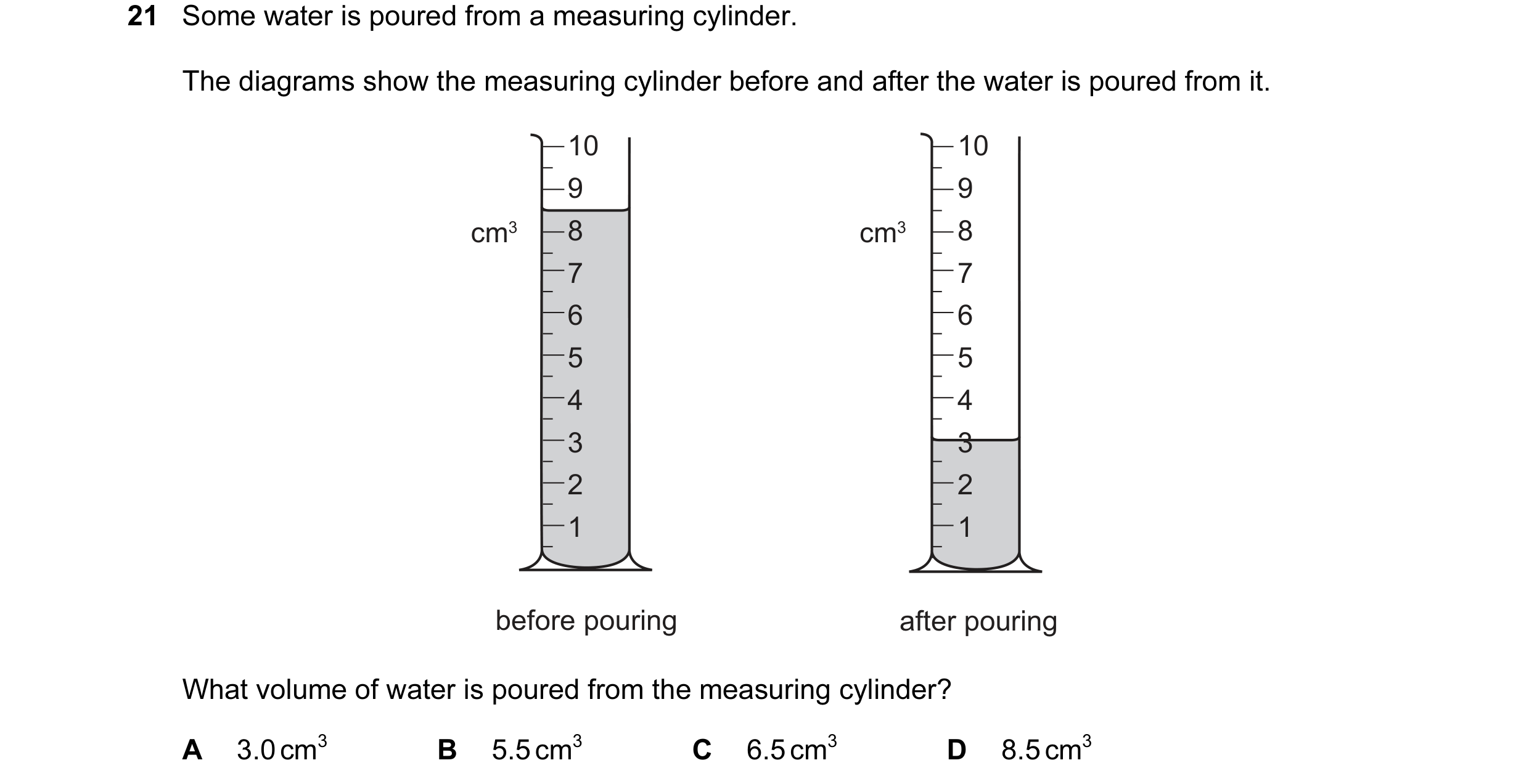 Question 12: Some water is poured from a measuring cylinder. The diagrams show the measuring cylinder before and after the water is poured from it. 10 1…