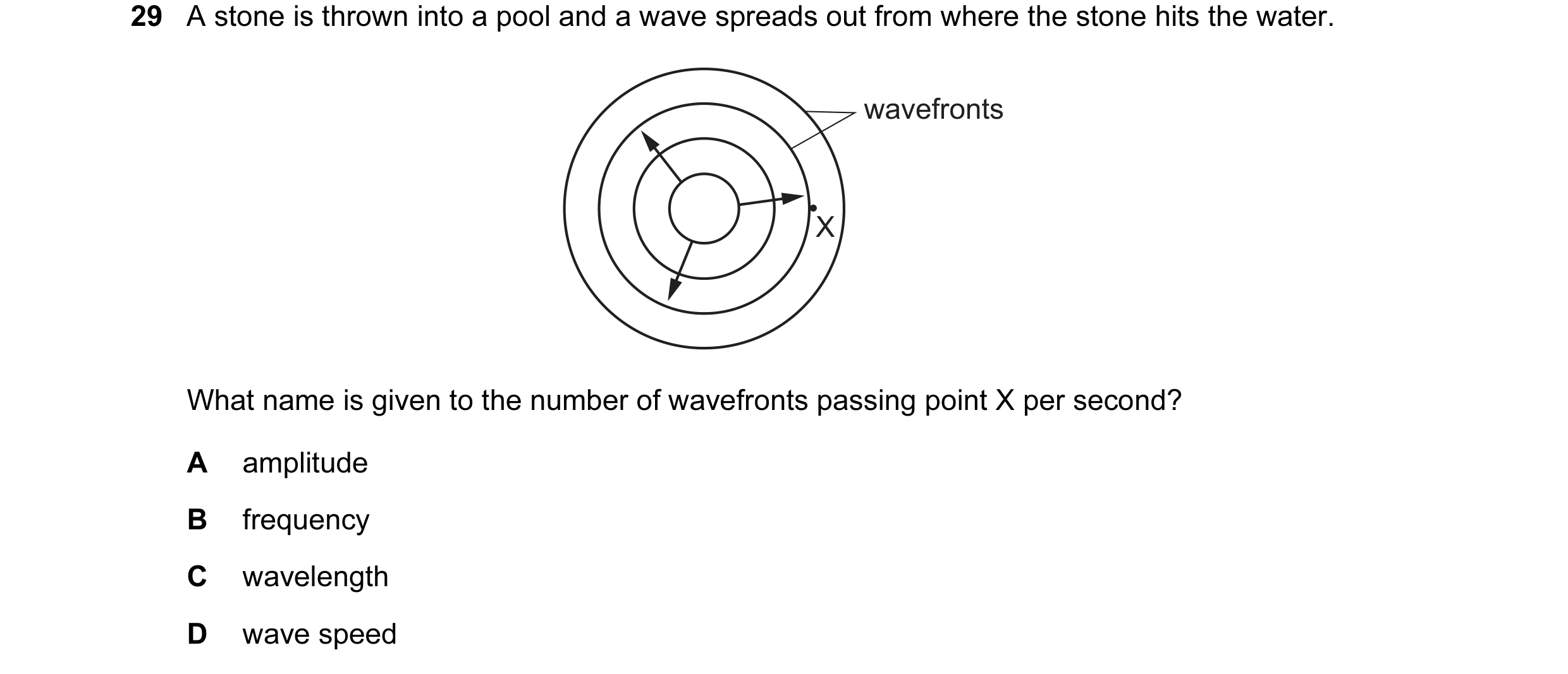 Question 15: A stone is thrown into a pool and a wave spreads out from where the stone hits the water. wavefronts X What name is given to the number of …