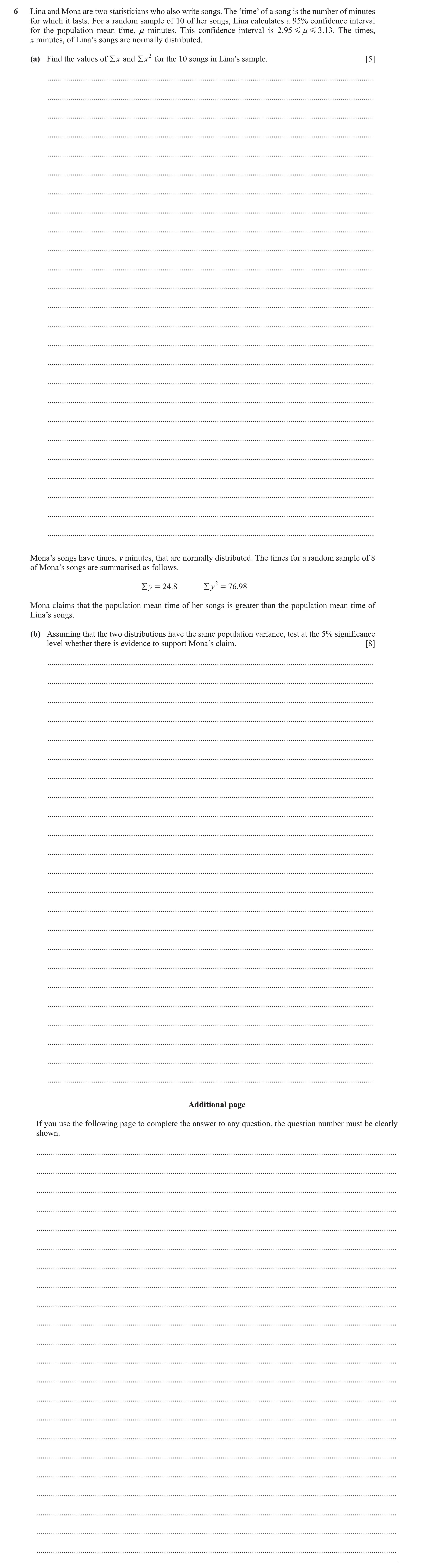 Question 61: Lina and Mona are two statisticians who also write songs. The ‘time’ of a song is the number of minutes for which it lasts. For a random sa…