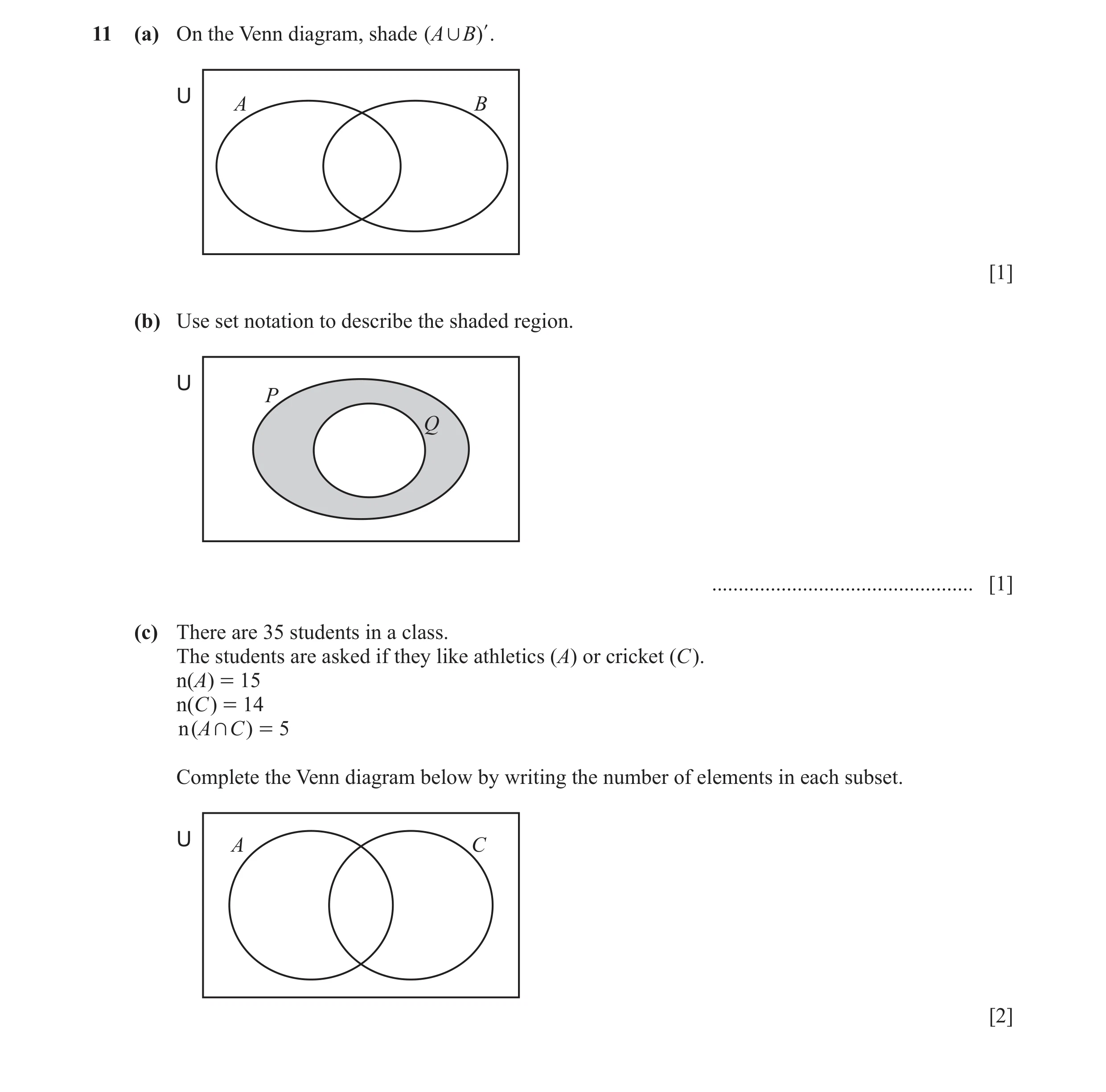 Question 15: (a) On the Venn diagram, shade ( A , B ) l. U A B [1] (b) Use set notation to describe the shaded region. U P Q ...........................…