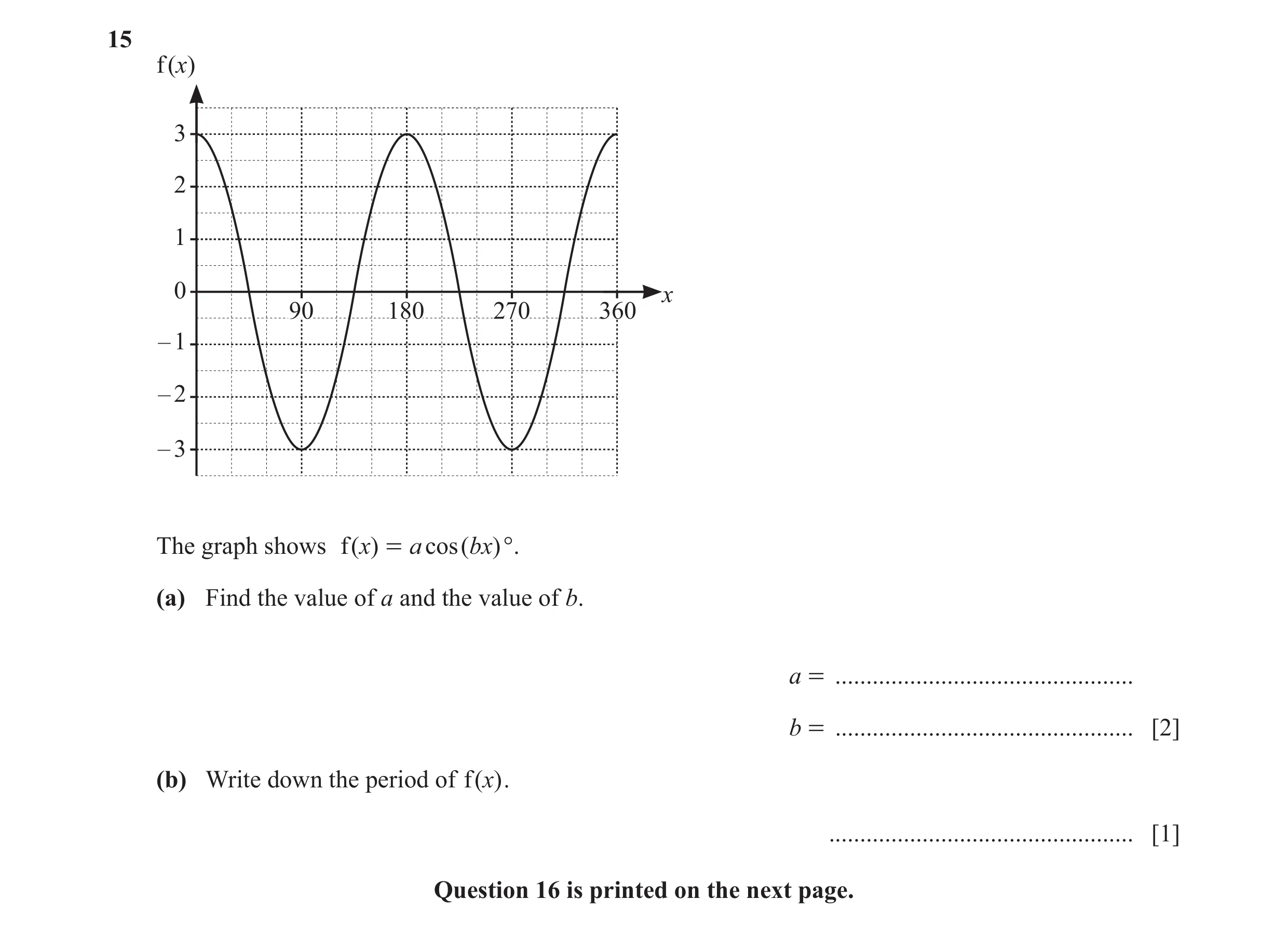Question 10: f (x) 3 2 1 0 x 90 180 270 360 – 1 – 2 – 3 The graph shows f ( x) = a cos ( bx)°. (a) Find the value of a and the value of b. a = .........…
