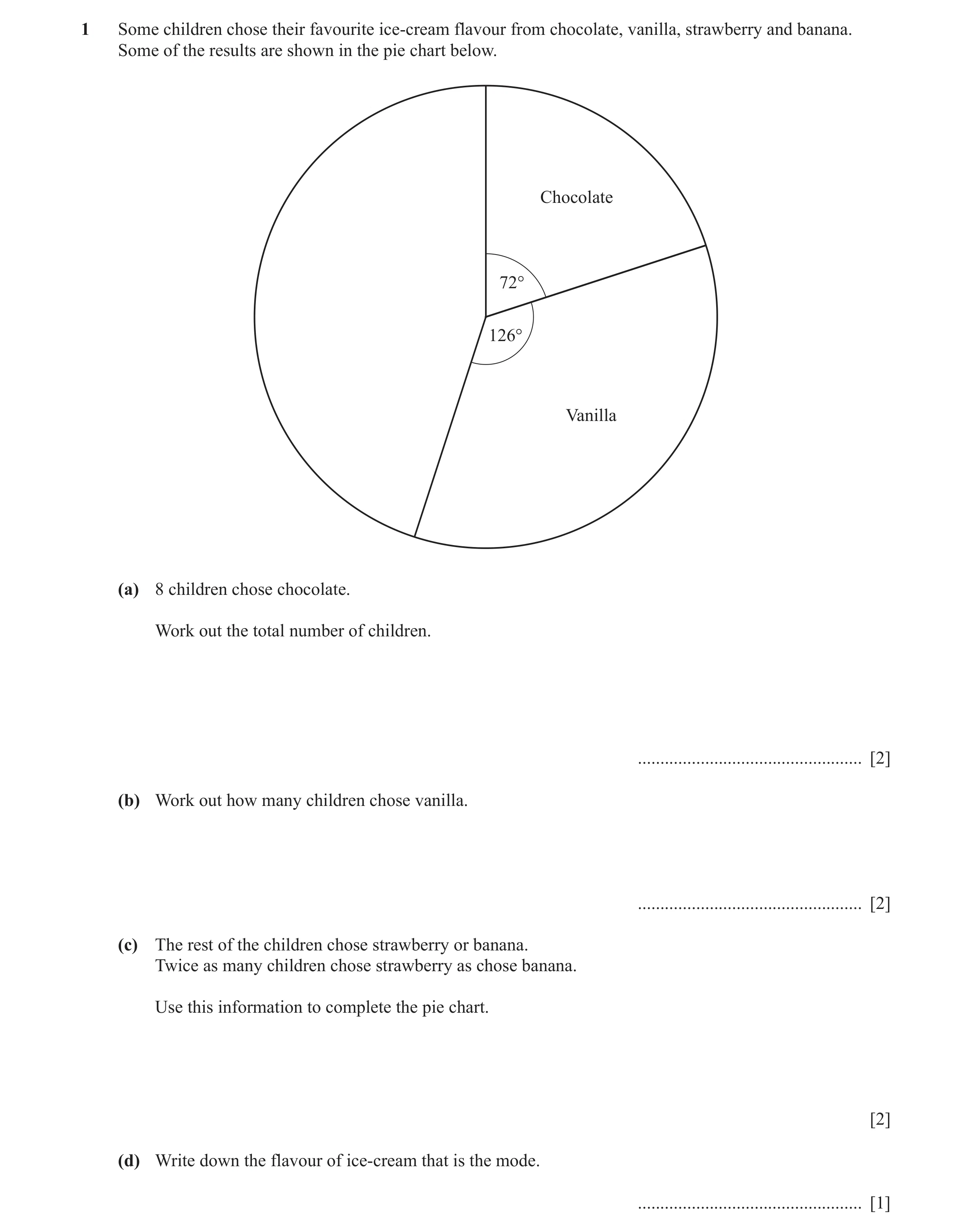 Question 9: Some children chose their favourite ice-cream flavour from chocolate, vanilla, strawberry and banana. Some of the results are shown in the …