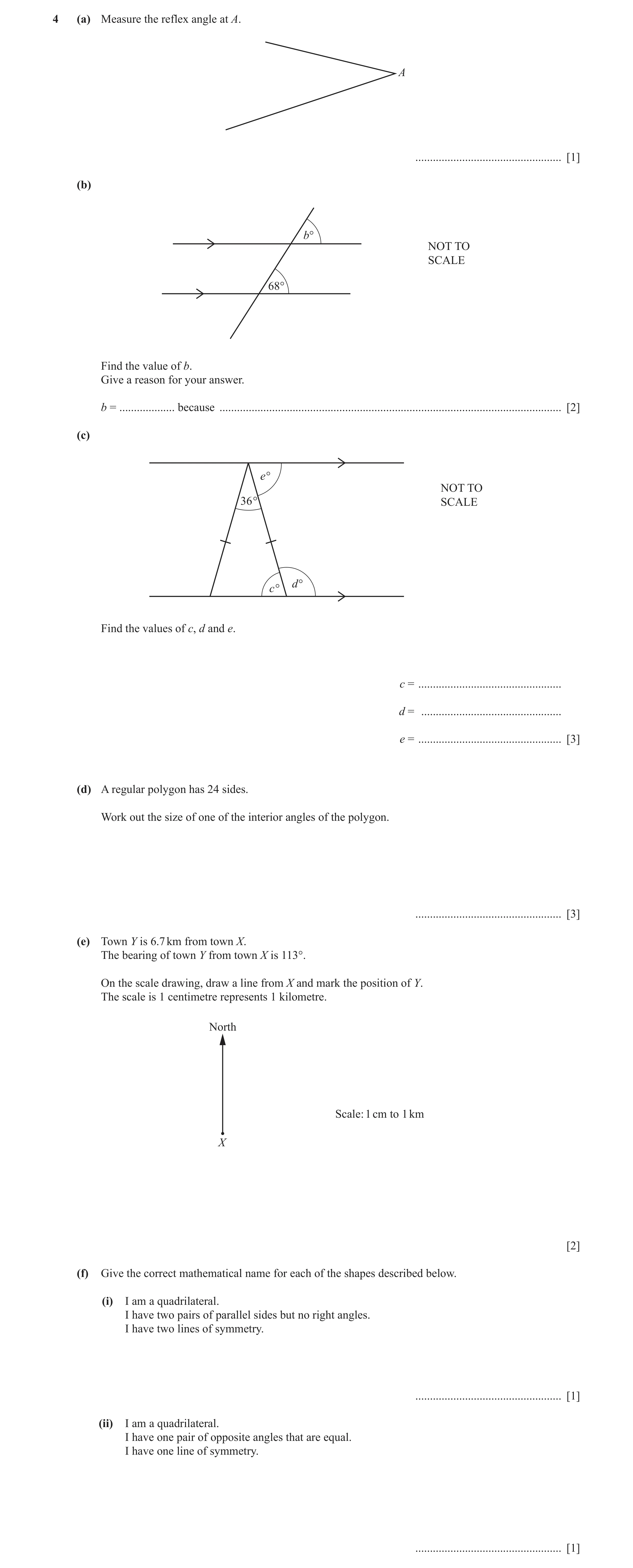 Question 41: (a) Measure the reflex angle at A. A .................................................. [1] (b) b° NOT TO SCALE 68° Find the value of b. Gi…