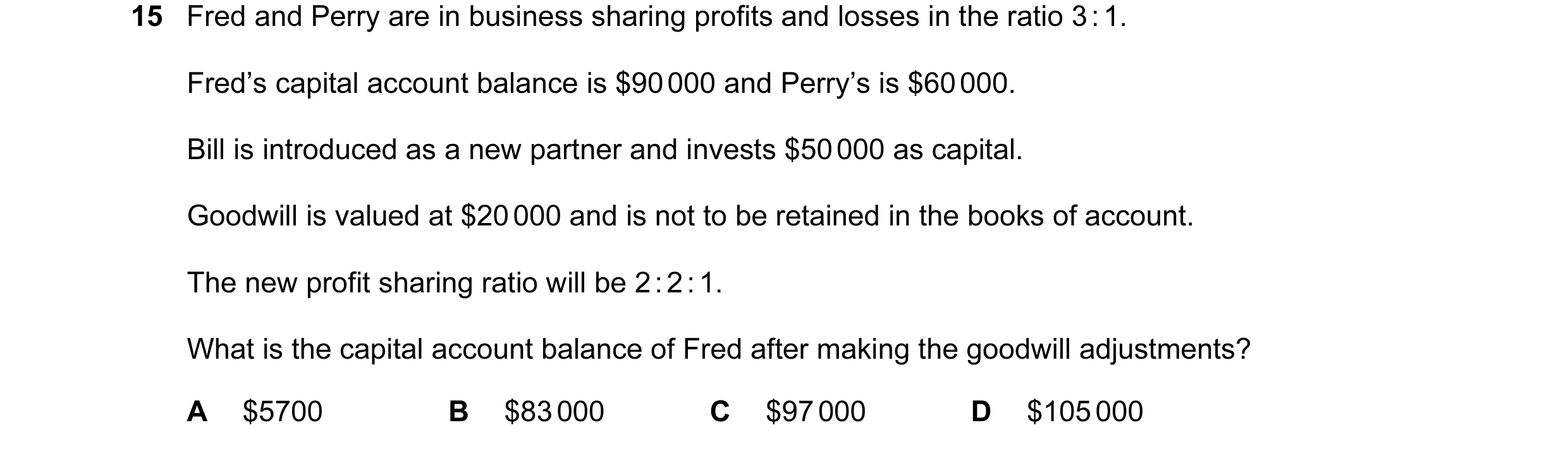 Question 118: Fred and Perry are in business sharing profits and losses in the ratio 3 : 1. Fred’s capital account balance is $90 000 and Perry’s is $60 …