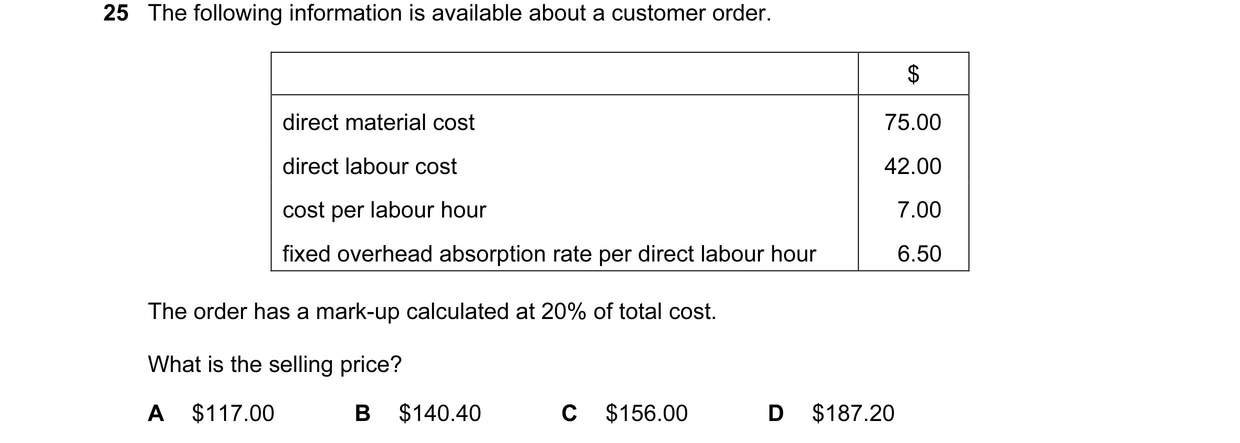 Question 157: The following information is available about a customer order. $ direct material cost 75.00 direct labour cost 42.00 cost per labour hour 7…