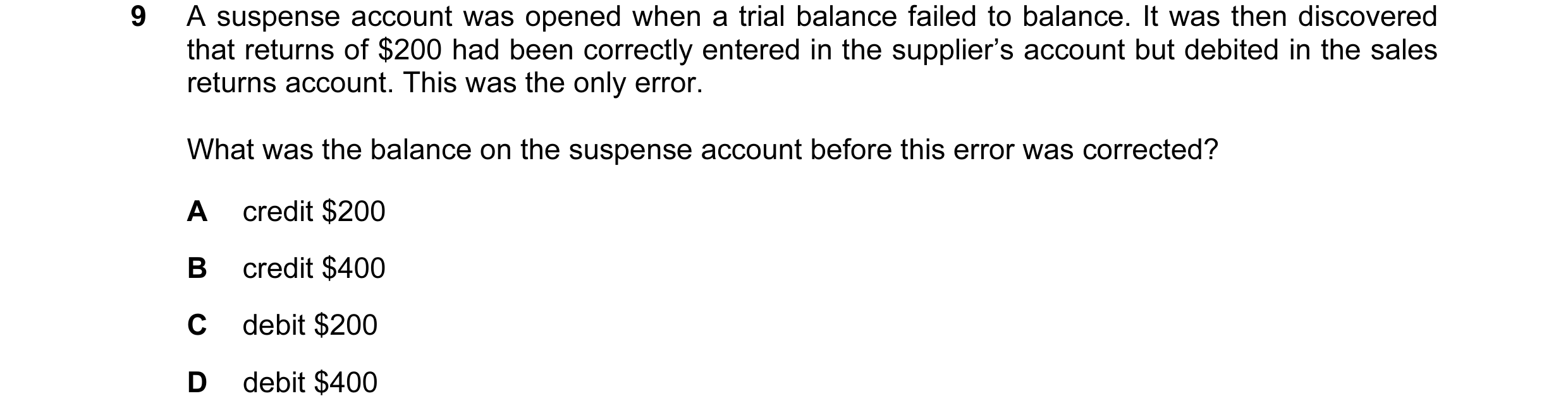 Question 111: A suspense account was opened when a trial balance failed to balance. It was then discovered that returns of $200 had been correctly entere…