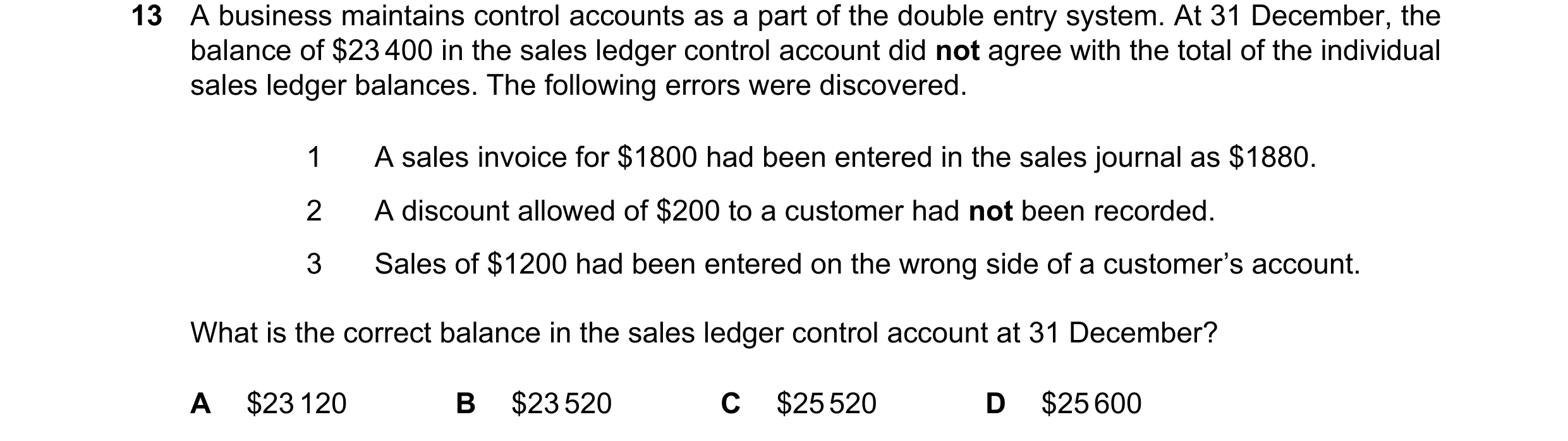Question 430: A business maintains control accounts as a part of the double entry system. At 31 December, the balance of $23 400 in the sales ledger cont…