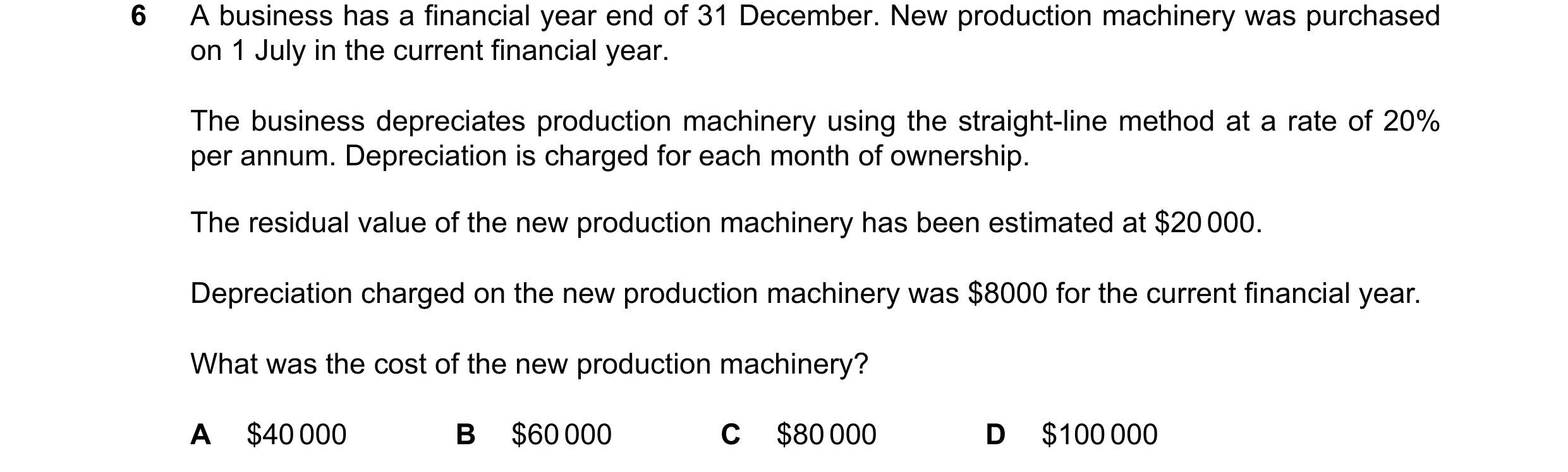 Question 298: A business has a financial year end of 31 December. New production machinery was purchased on 1 July in the current financial year. The bus…