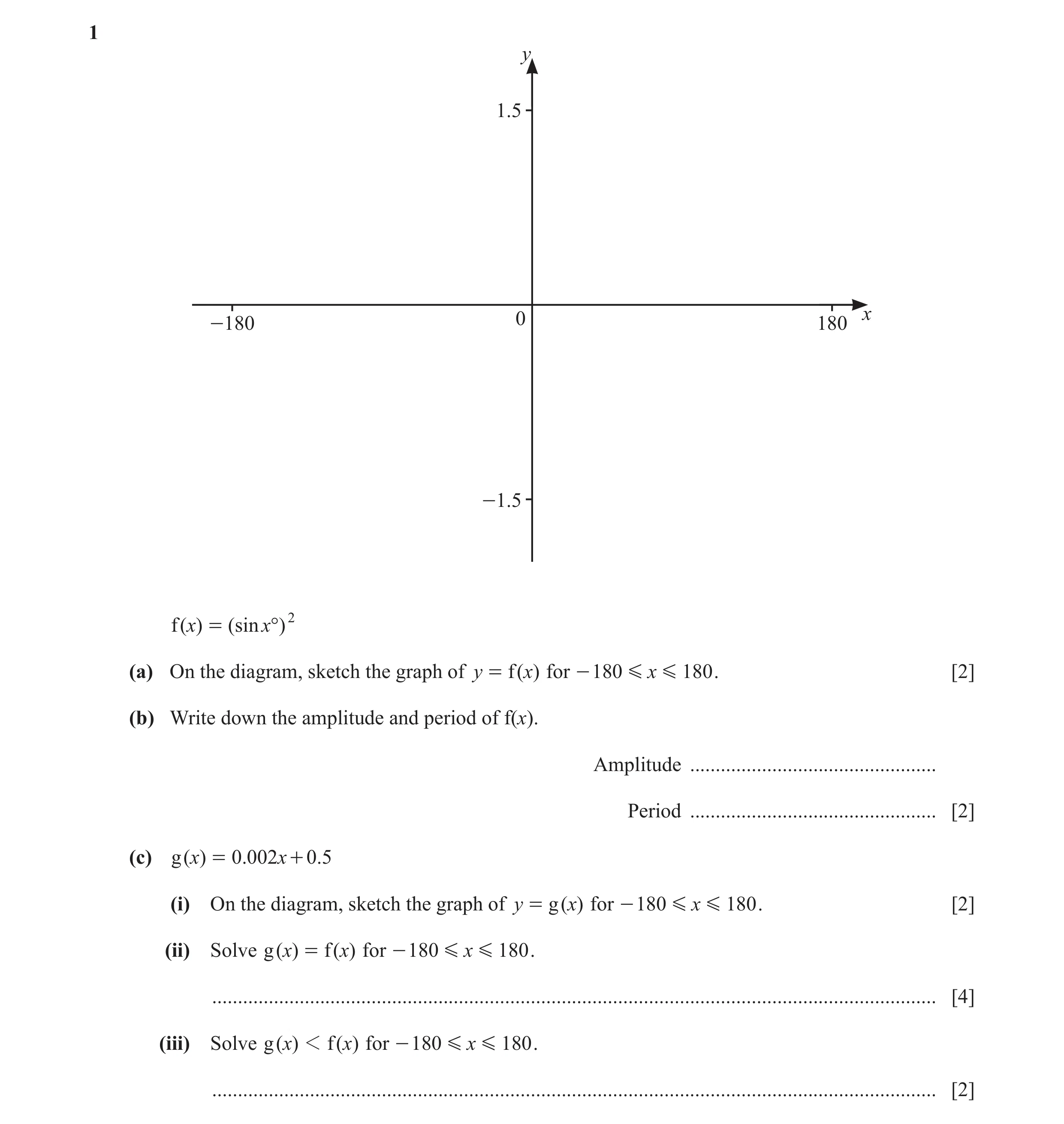 Question 31: y 1.5 x -180 0 180 -1.5 f ( x) = ( sin x°) 2 (a) On the diagram, sketch the graph of y = f ( x) for - 180 G x G 180 . [2] (b) Write down th…