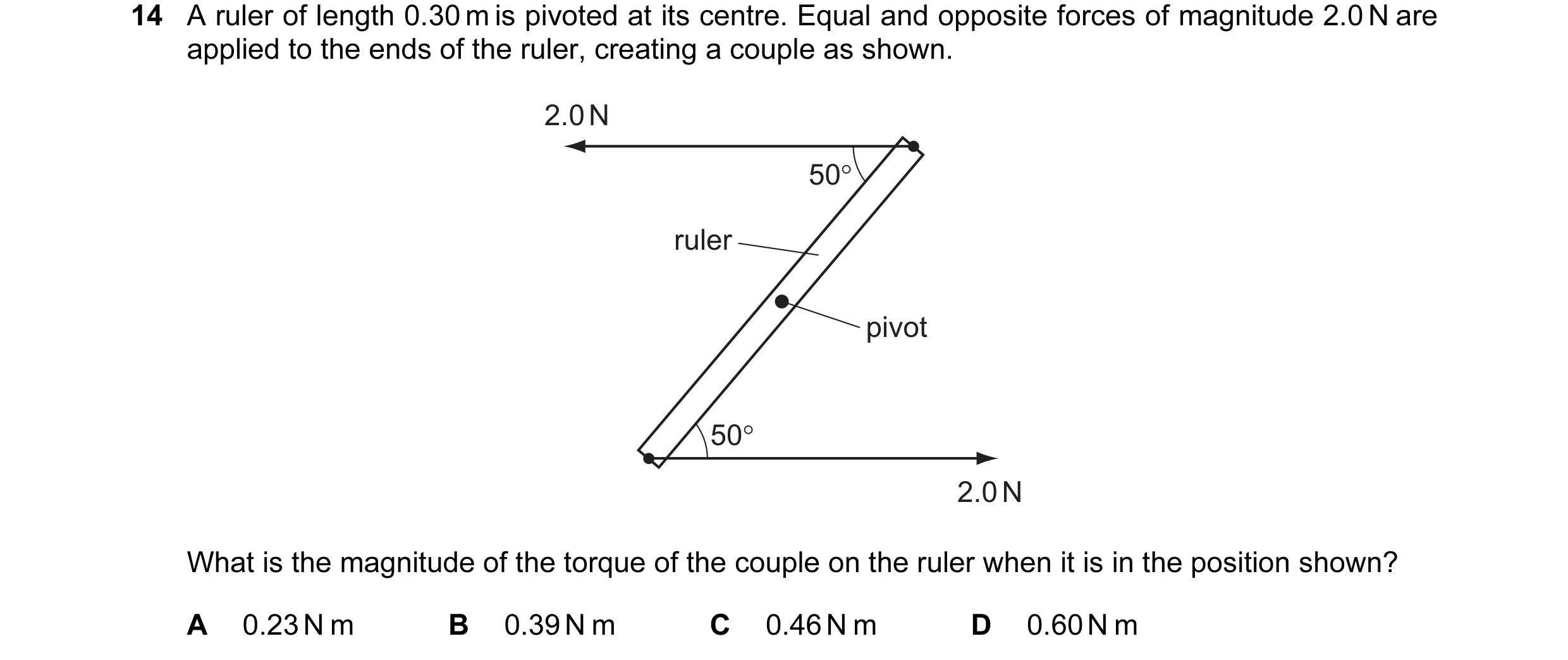 Question 23: A ruler of length 0.30 m is pivoted at its centre. Equal and opposite forces of magnitude 2.0 N are applied to the ends of the ruler, creat…