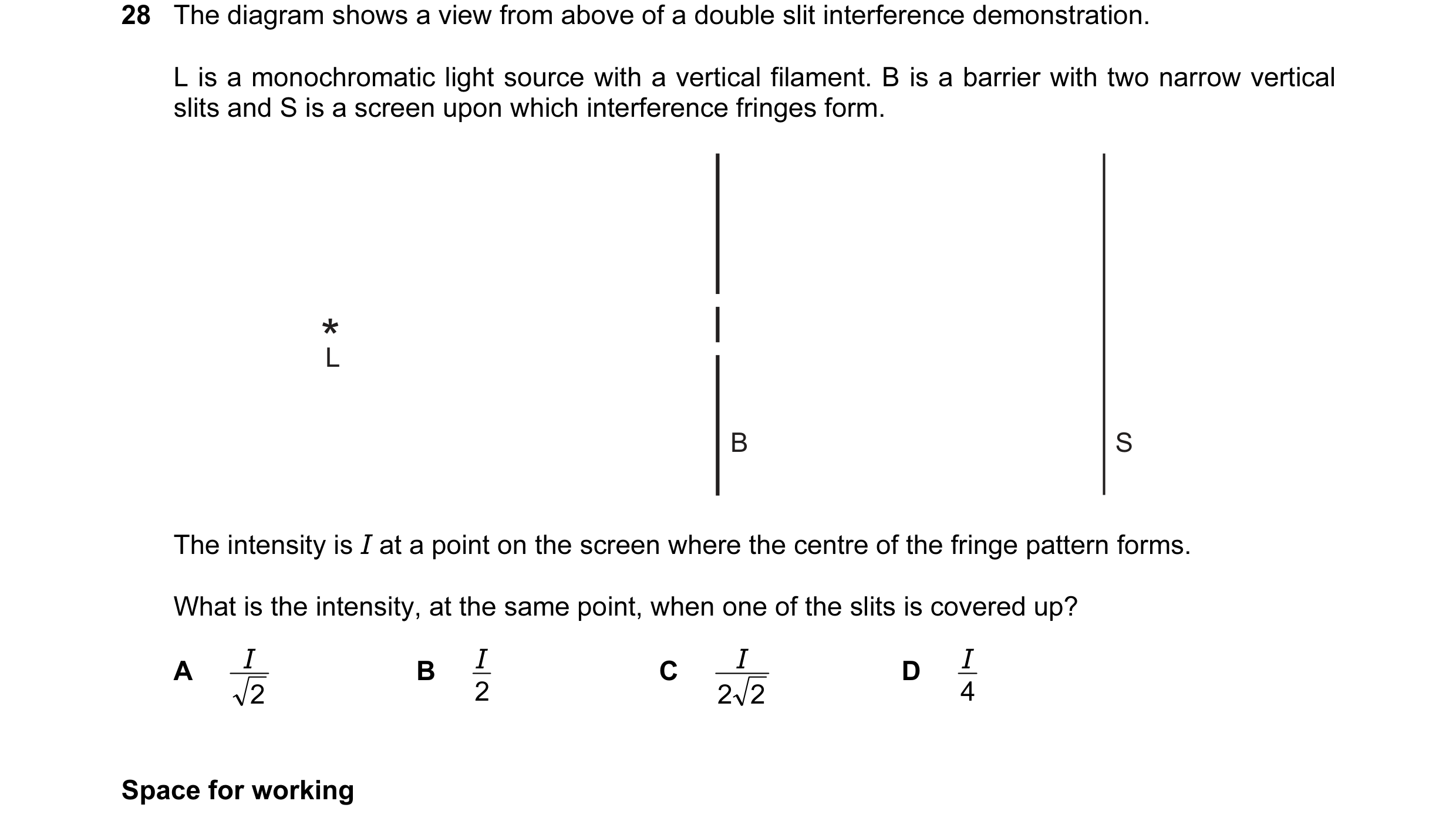Question 14: The diagram shows a view from above of a double slit interference demonstration. L is a monochromatic light source with a vertical filament…