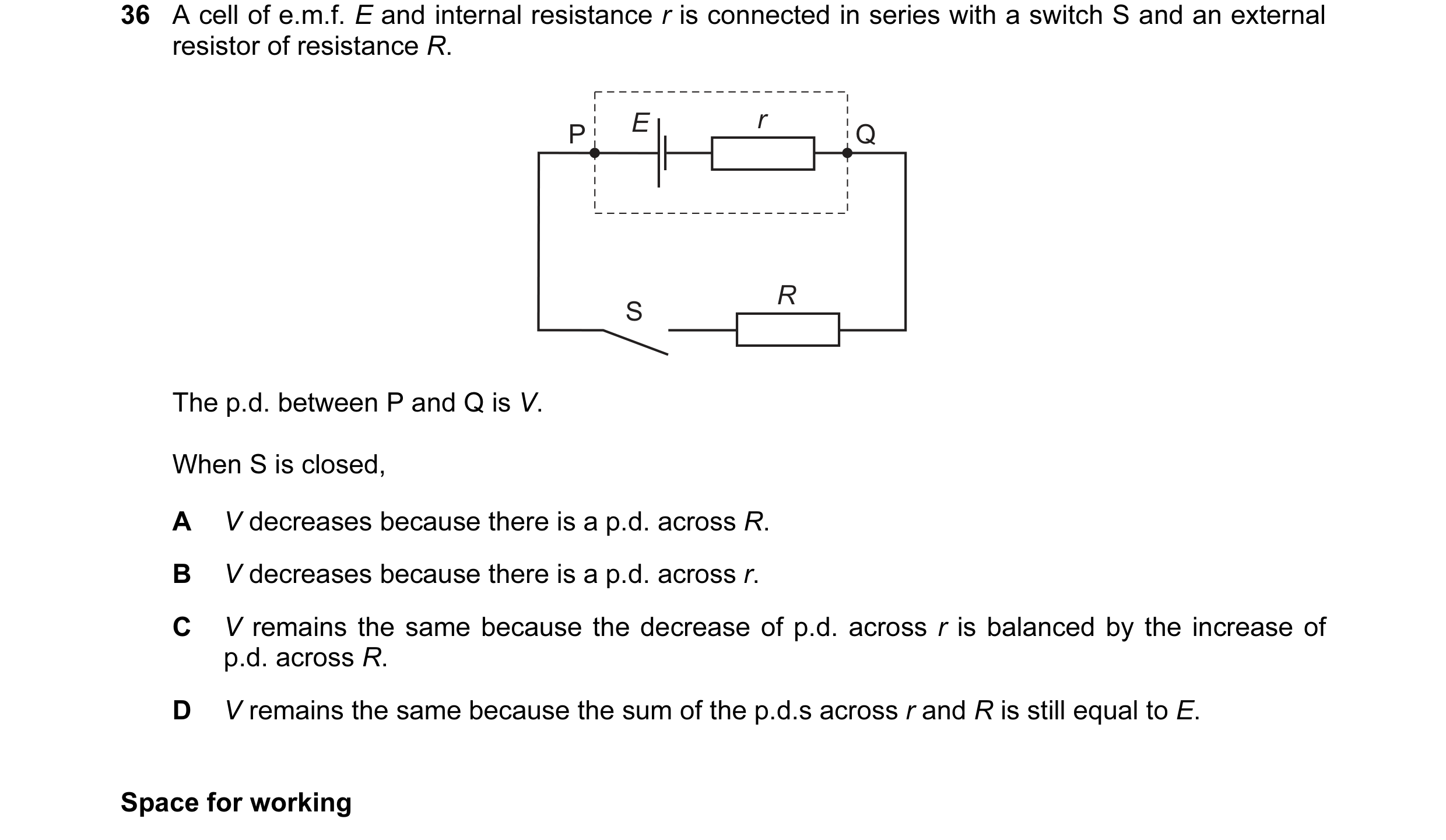 Question 37: A cell of e.m.f. E and internal resistance r is connected in series with a switch S and an external resistor of resistance R. E r P Q R S T…