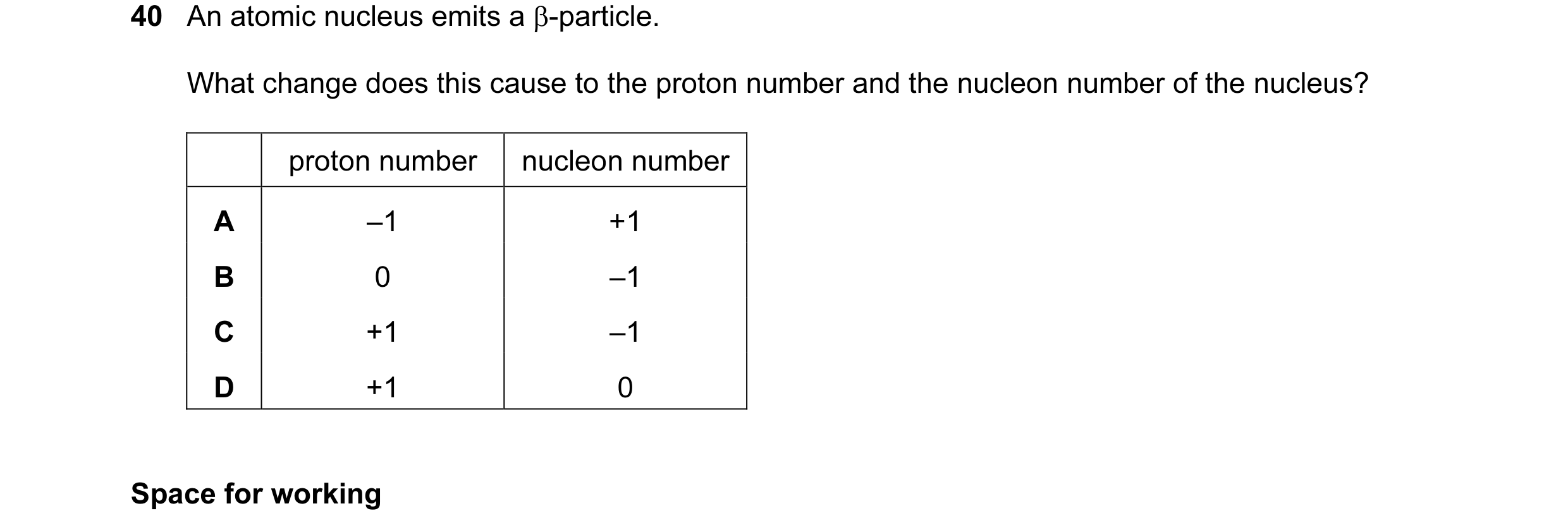 Question 34: An atomic nucleus emits a β-particle. What change does this cause to the proton number and the nucleon number of the nucleus? proton number…