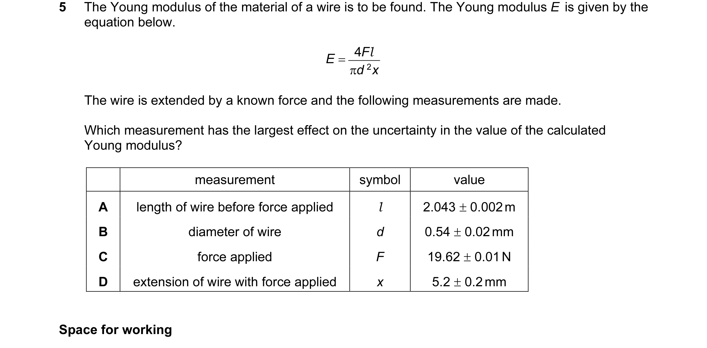 Question 27: The Young modulus of the material of a wire is to be found. The Young modulus E  is given by the equation below. 4 F l E = π d 2 x The wire…
