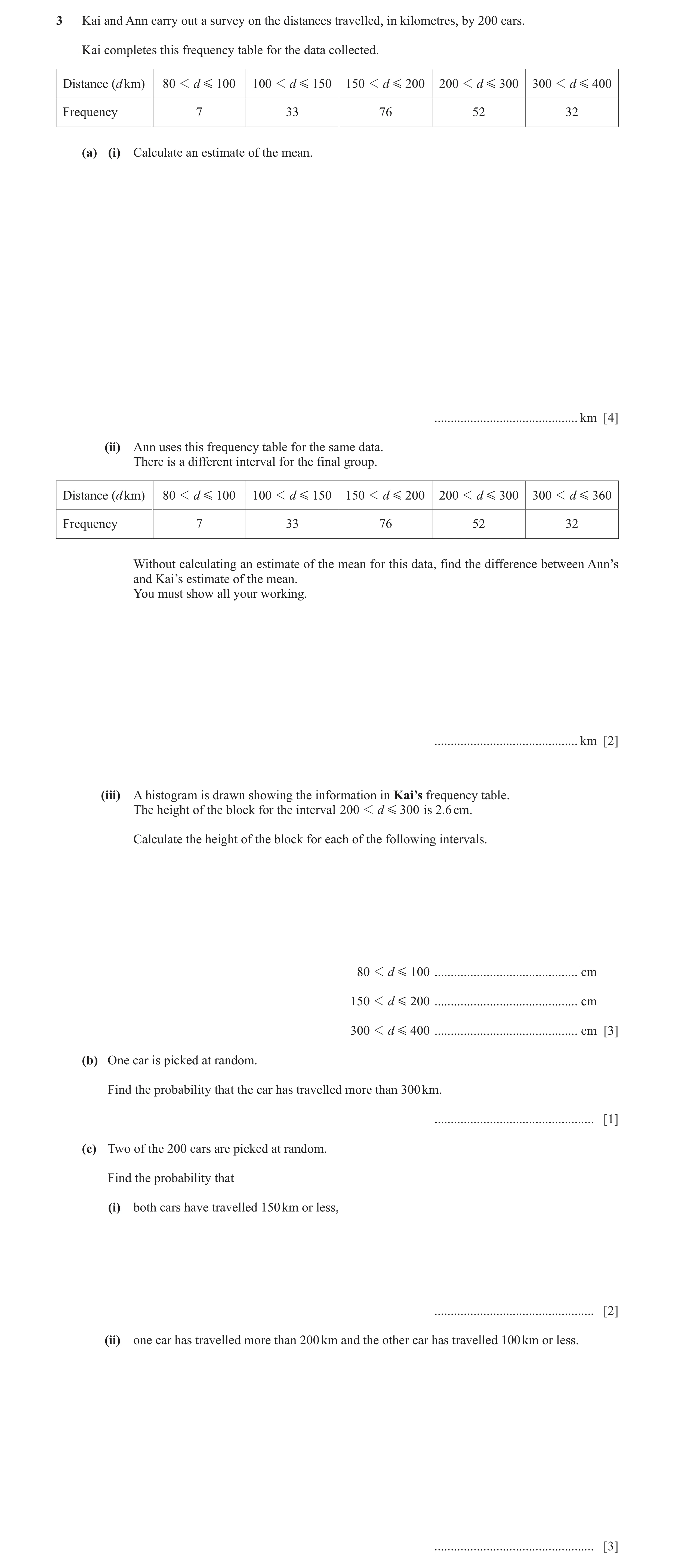 Question 32: Kai and Ann carry out a survey on the distances travelled, in kilometres, by 200 cars. Kai completes this frequency table for the data coll…