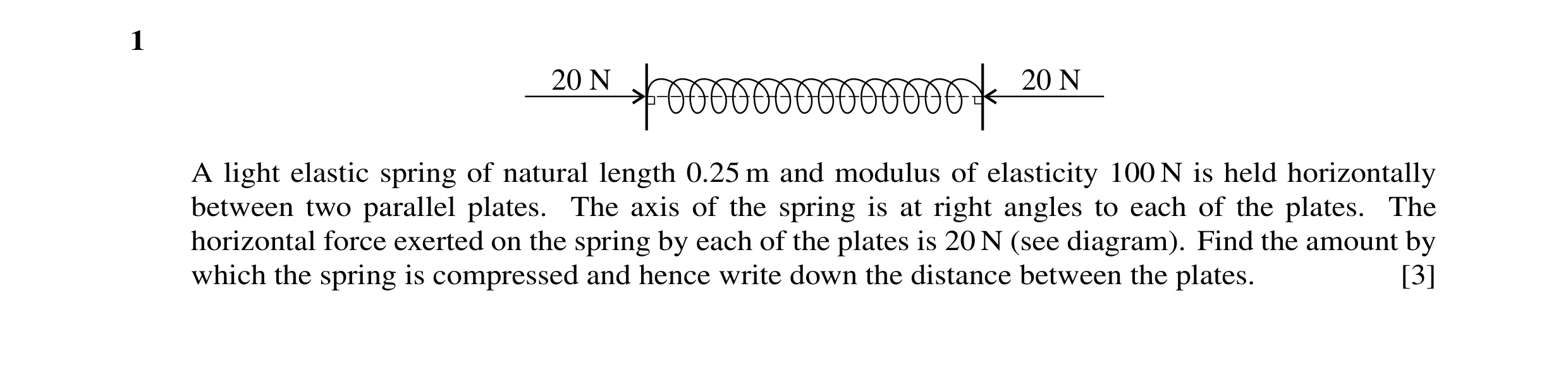 Question 26: 20 N 20 N A light elastic spring of natural length 0.25 m and modulus of elasticity 100 N is held horizontally between two parallel plates.…