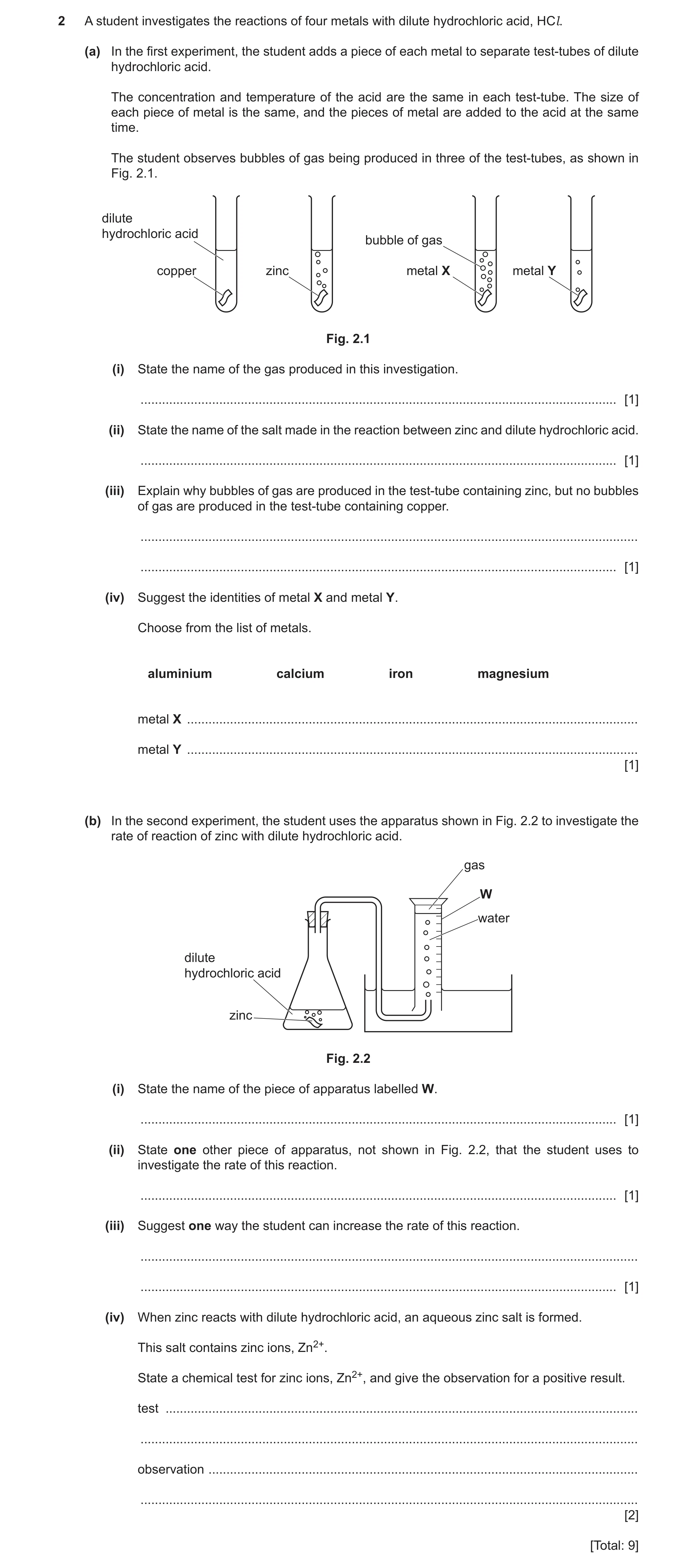 Question 19: A student investigates the reactions of four metals with dilute hydrochloric acid, HCl. (a) In the first experiment, the student adds a pie…