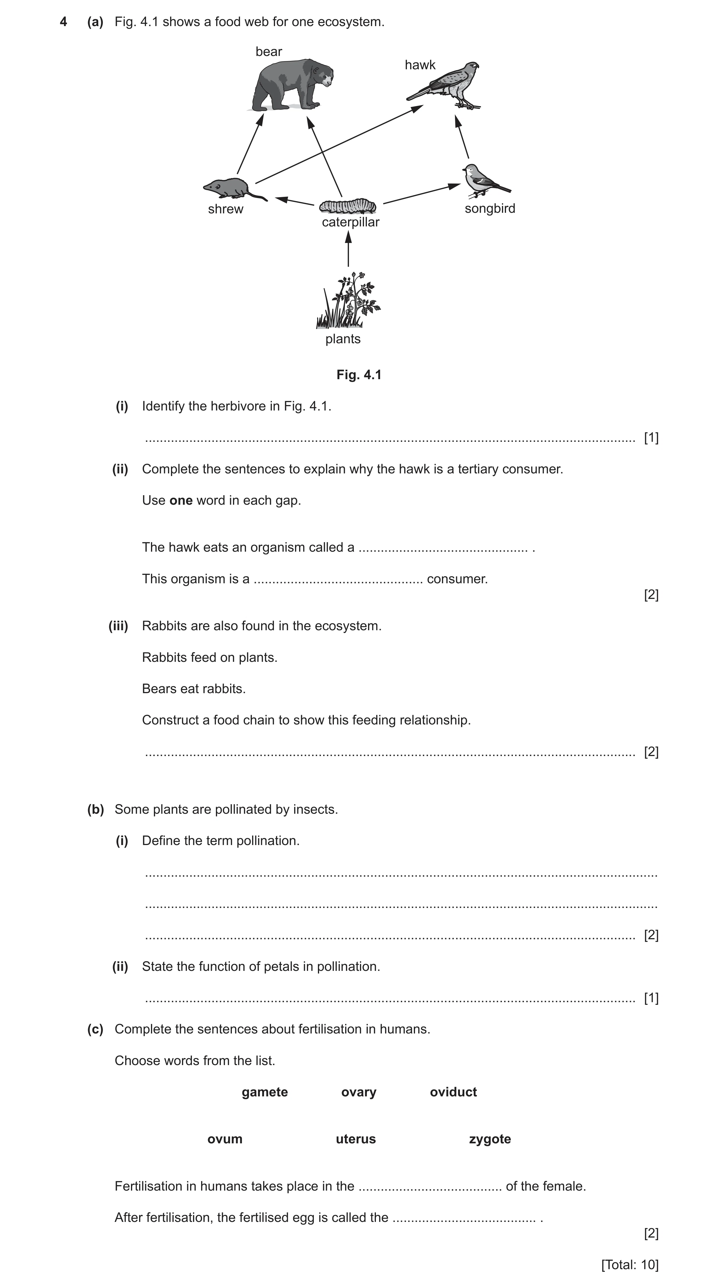 Question 21: (a) Fig. 4.1 shows a food web for one ecosystem. bear hawk shrew songbird caterpillar plants Fig. 4.1 (i) Identify the herbivore in Fig. 4.…