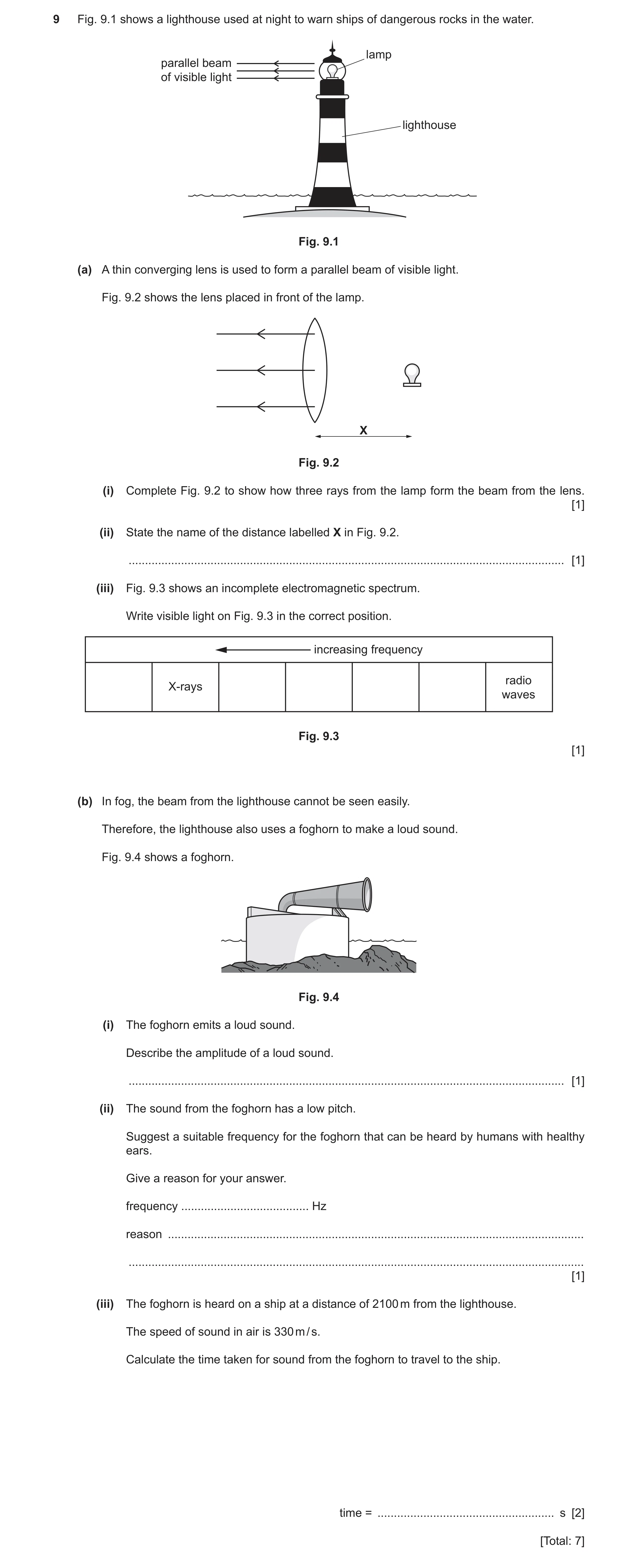 Question 25: Fig. 9.1 shows a lighthouse used at night to warn ships of dangerous rocks in the water. lamp parallel beam of visible light lighthouse Fig…