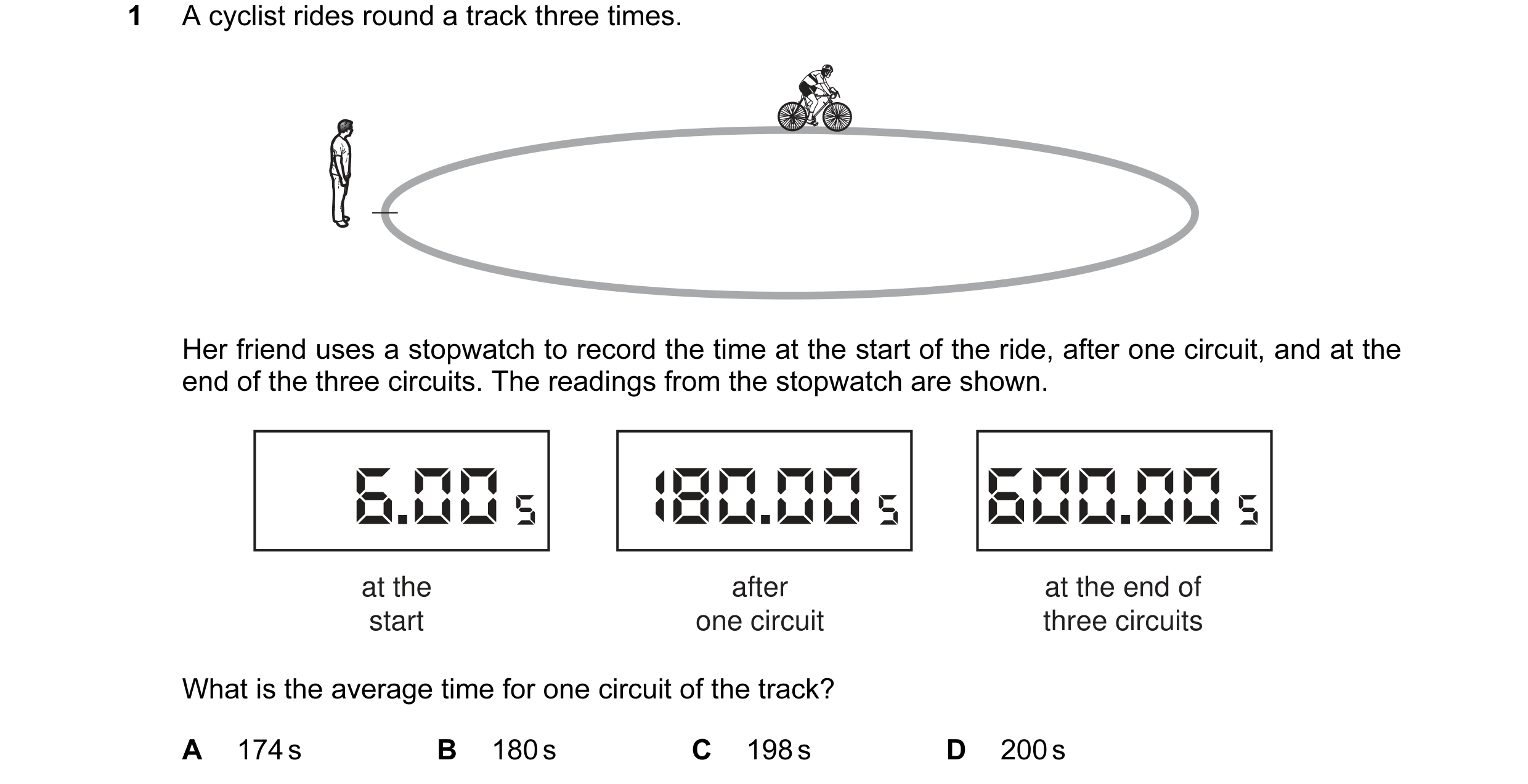 Question 63: A cyclist rides round a track three times. Her friend uses a stopwatch to record the time at the start of the ride, after one circuit, and …