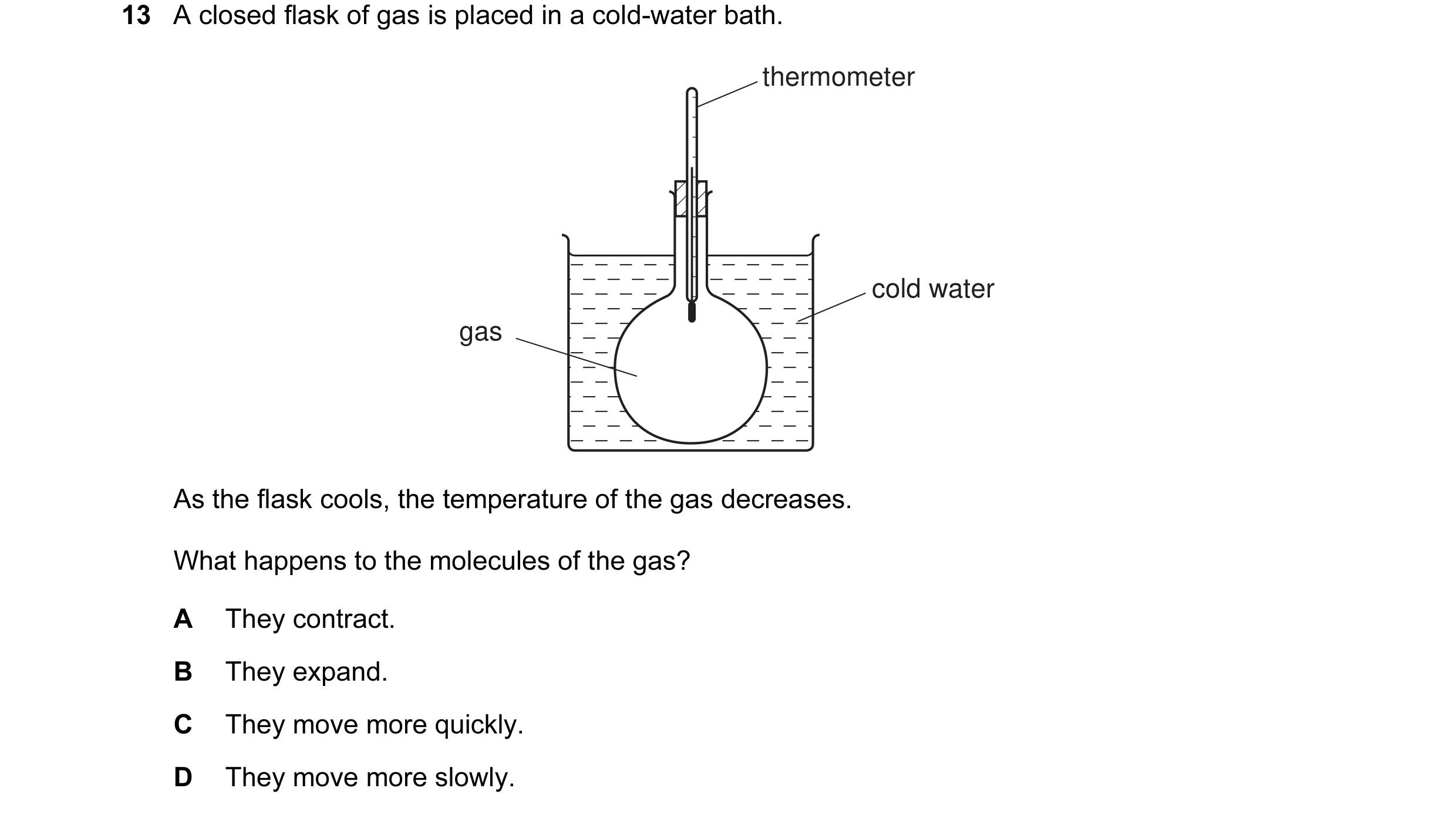 Question 68: A closed flask of gas is placed in a cold-water bath. thermometer cold water gas As the flask cools, the temperature of the gas decreases. …