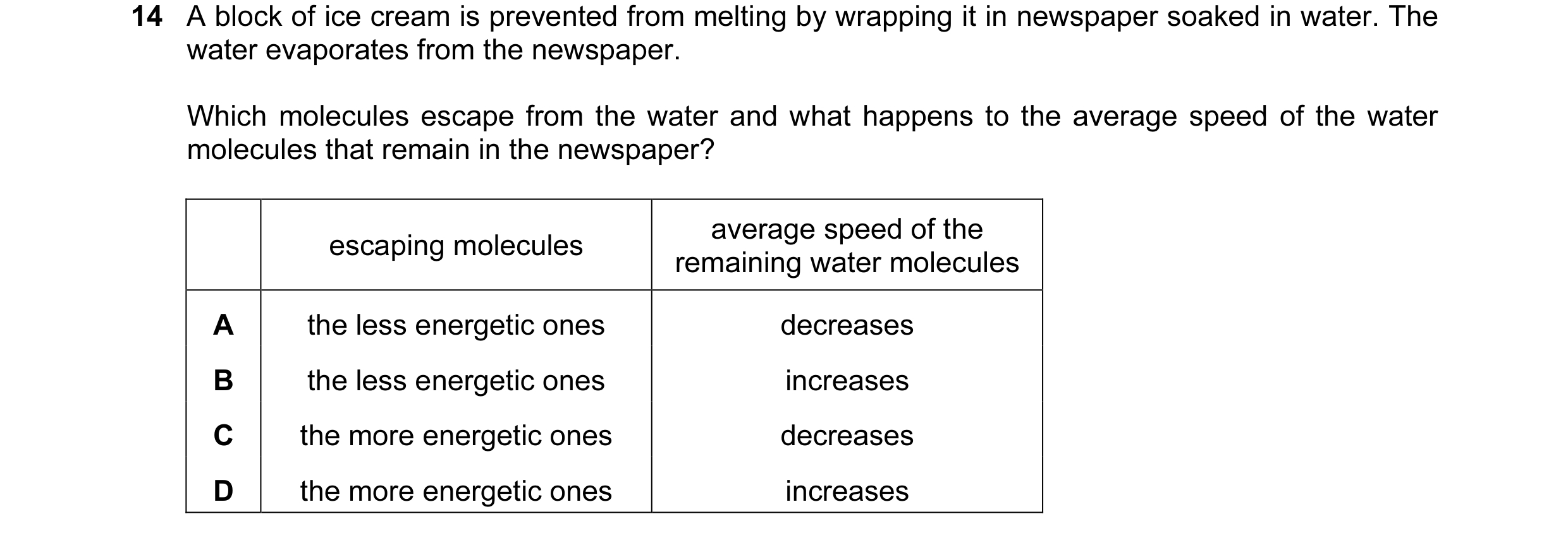 Question 71: A block of ice cream is prevented from melting by wrapping it in newspaper soaked in water. The water evaporates from the newspaper. Which …